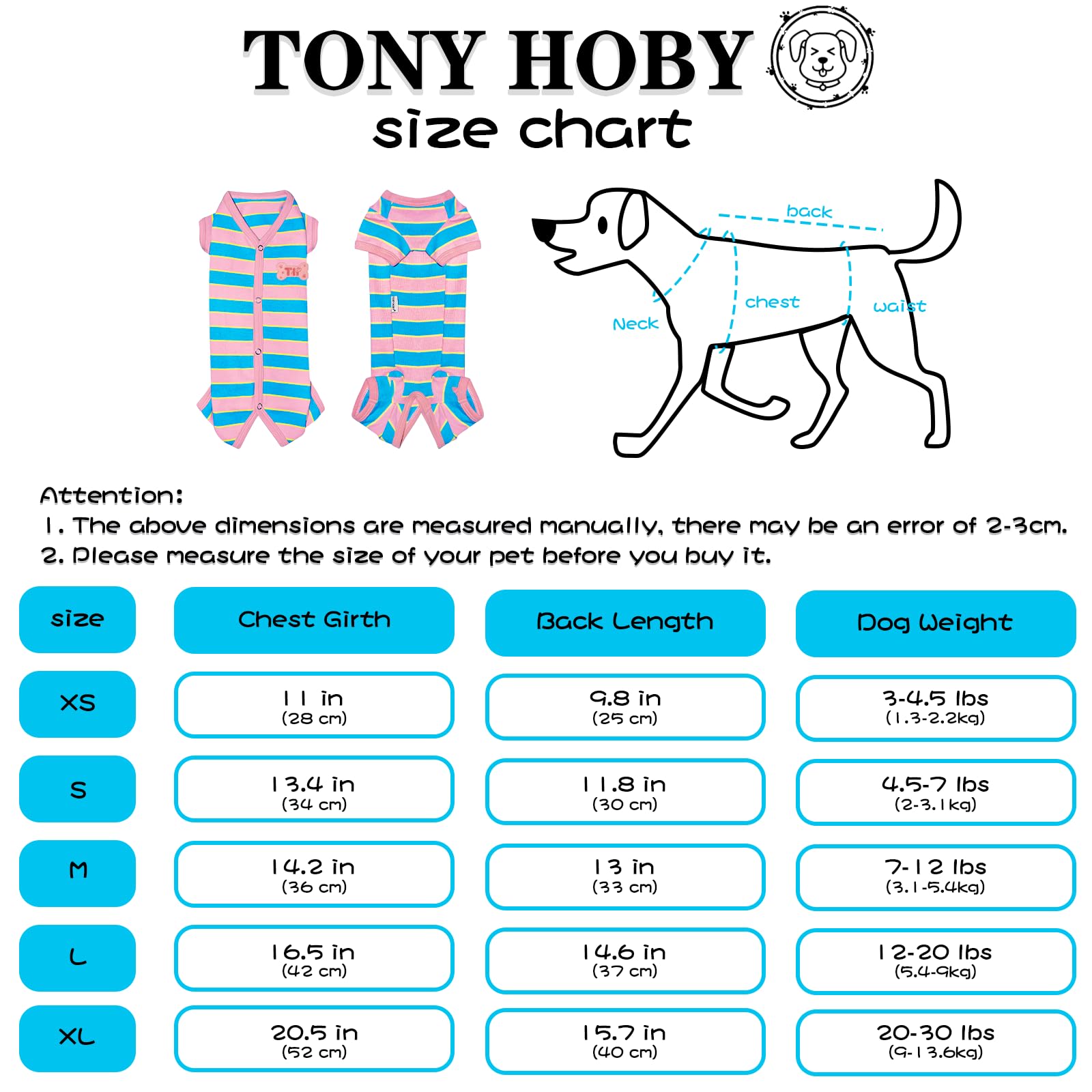 Tony Hoby Female Dog Pajamas With Colorful Stripe, Pet Clothes For Small Medium Dogs (Pink&Blue, Girl, Xs)