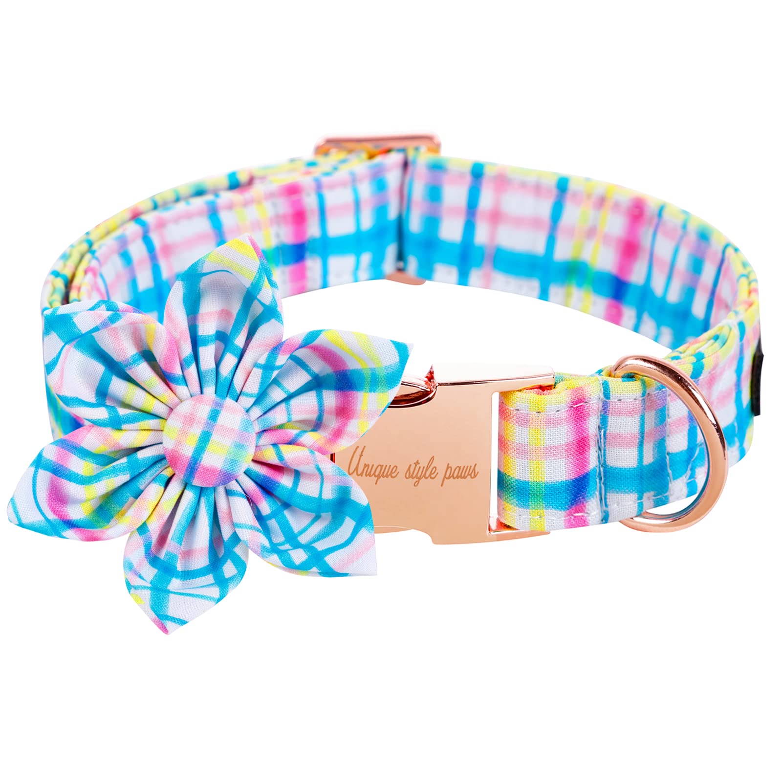 Unique Style Paws Easter Day Dog Collar With Flower Tie Blue Pink Grid Puppy Collar For Small Medium Large Boys Girls-Xl