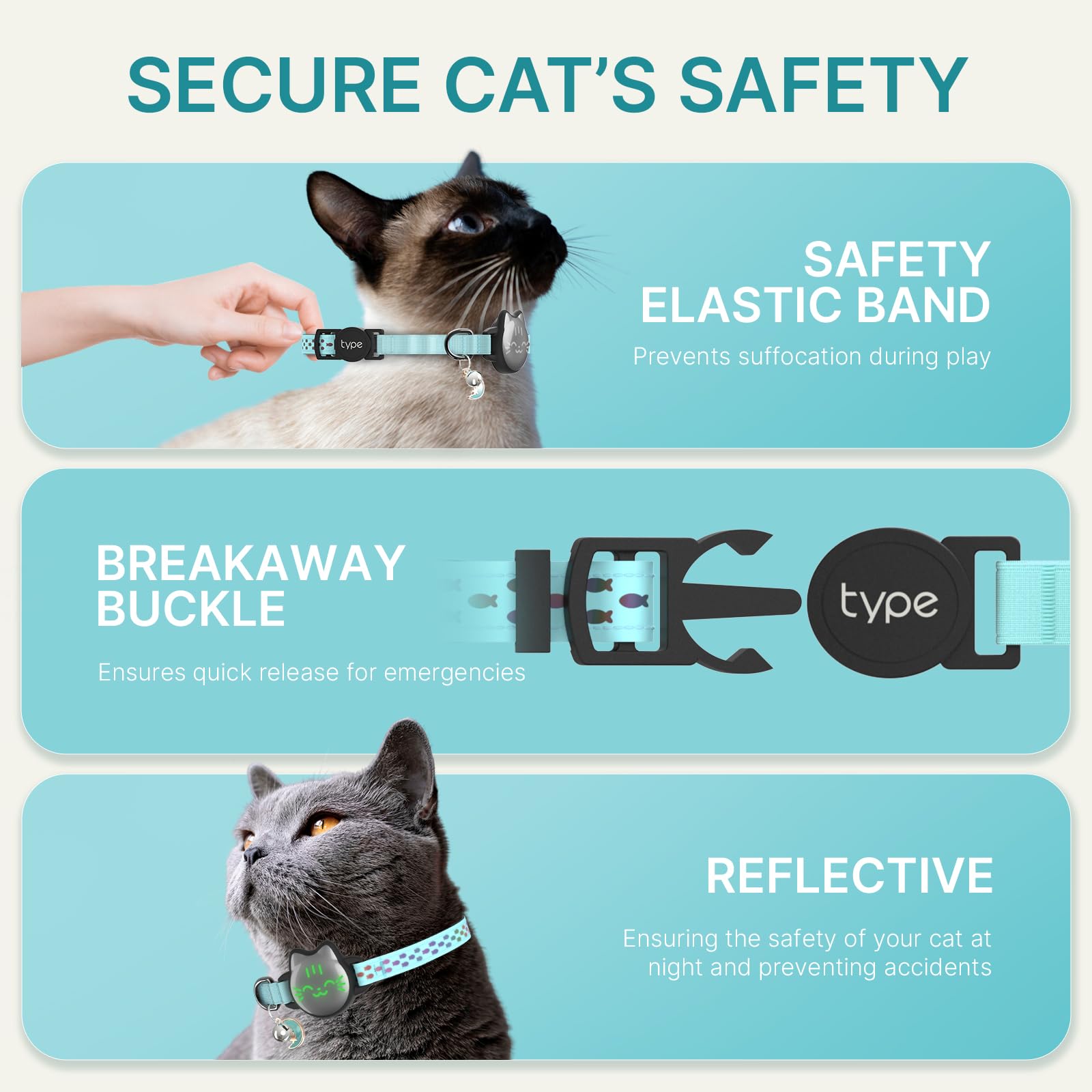 Waterproof Airtag Cat Collar, Breakaway Cat Airtag Collar With Luminous & Reflective Pattern Strap, Lightweight Kitten Collar For Apple Air Tag, Hidden Holder For Gps Tracker - Cats, Kittens (9-13')