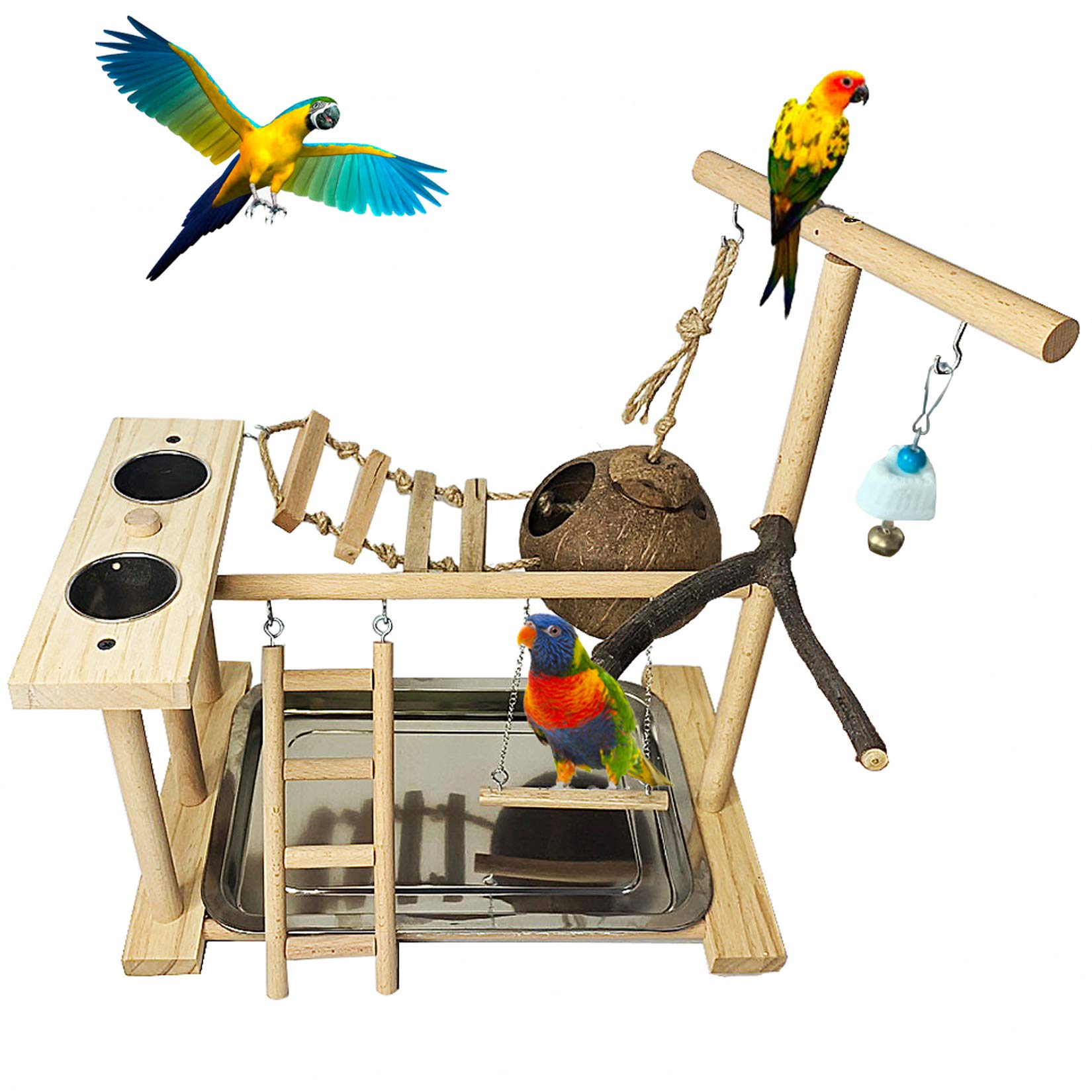Hamiledyi Parrot Playground Bird Play Stand Natural Wood Parrot Perch Gym With Feeder Cups Cockatiel Nest With Ladder Lovebirds Cage Accessories Toy Exercise Activity Center For Cockatiel Lovebirds