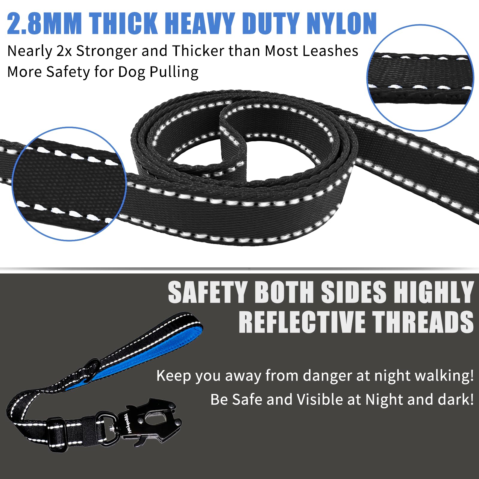 Strong Heavy Duty Dog Leash - Adjustable Short Dog Leash 15''-18'', Reflective Nylon Training Leash With Padded Handle & Frog Cl