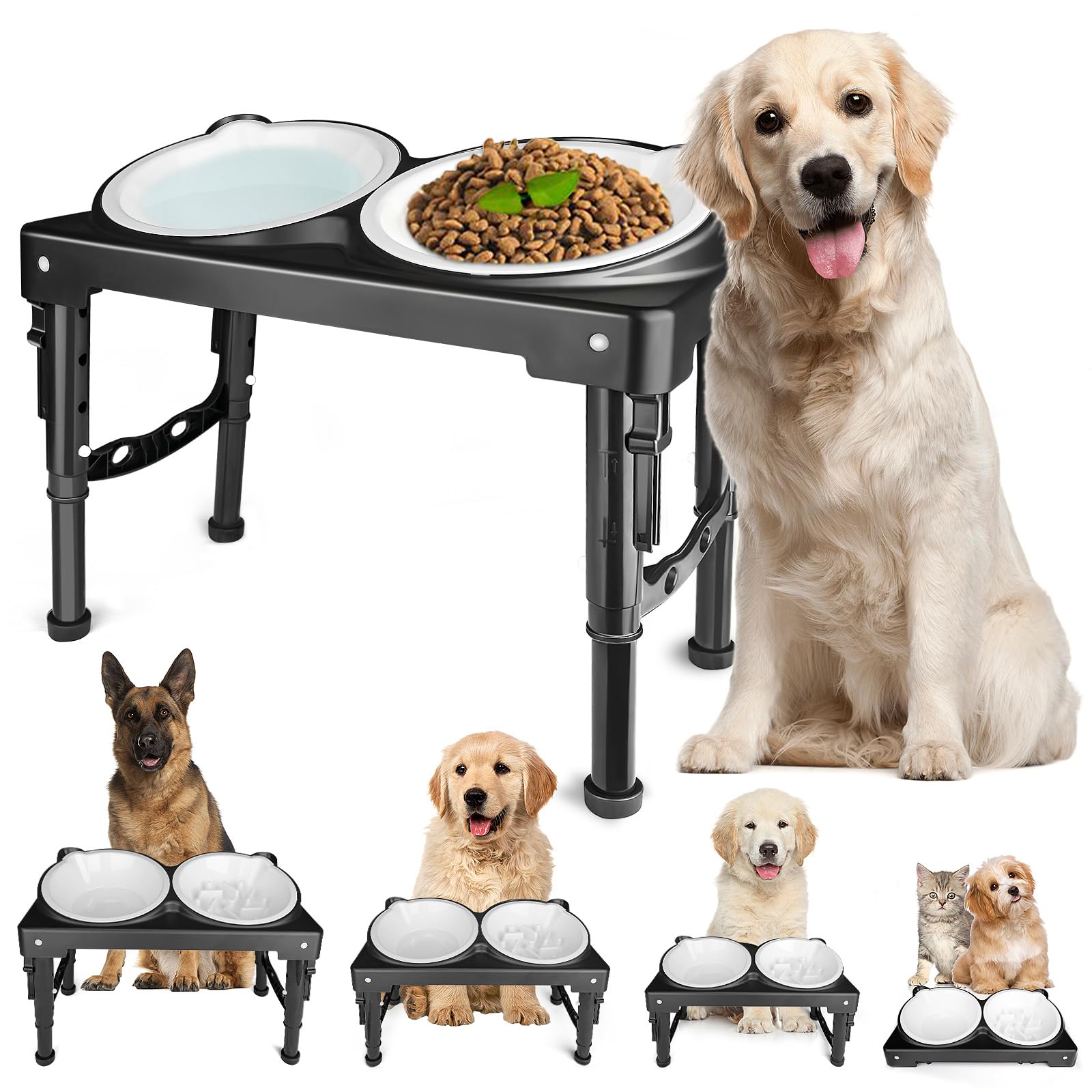 ZTMT Elevated Dog Bowls Collapsible for Large Size Medium Small Dogs, 2 Raised Dog Bowls for Food Water &1 Slow Feeder Bowl, 5 H