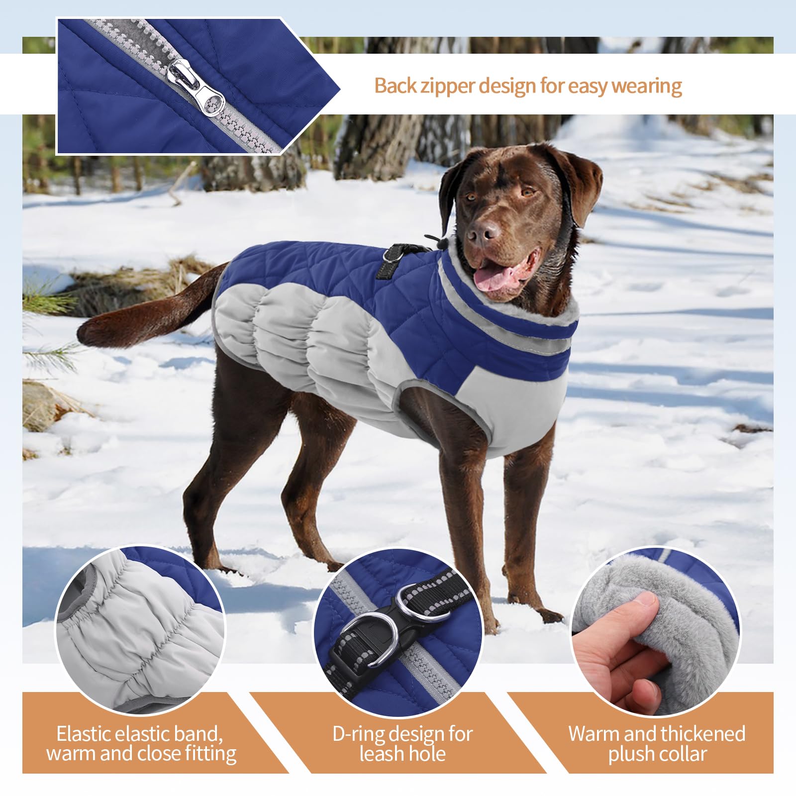 OUOBOB Dog Winter Jacket, Waterproof & Windproof Fleece Coat, Large, Blue, Model C96-126MF, Cozy Cold Weather Apparel for Dogs