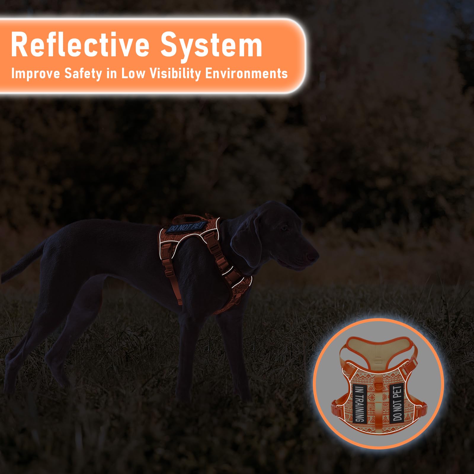 Orange Tactical Dog Harness With Ethnic Pattern For Big Dog, Like English Bulldog Doberman Husky Rottweiler Labrador, Easy To Pu