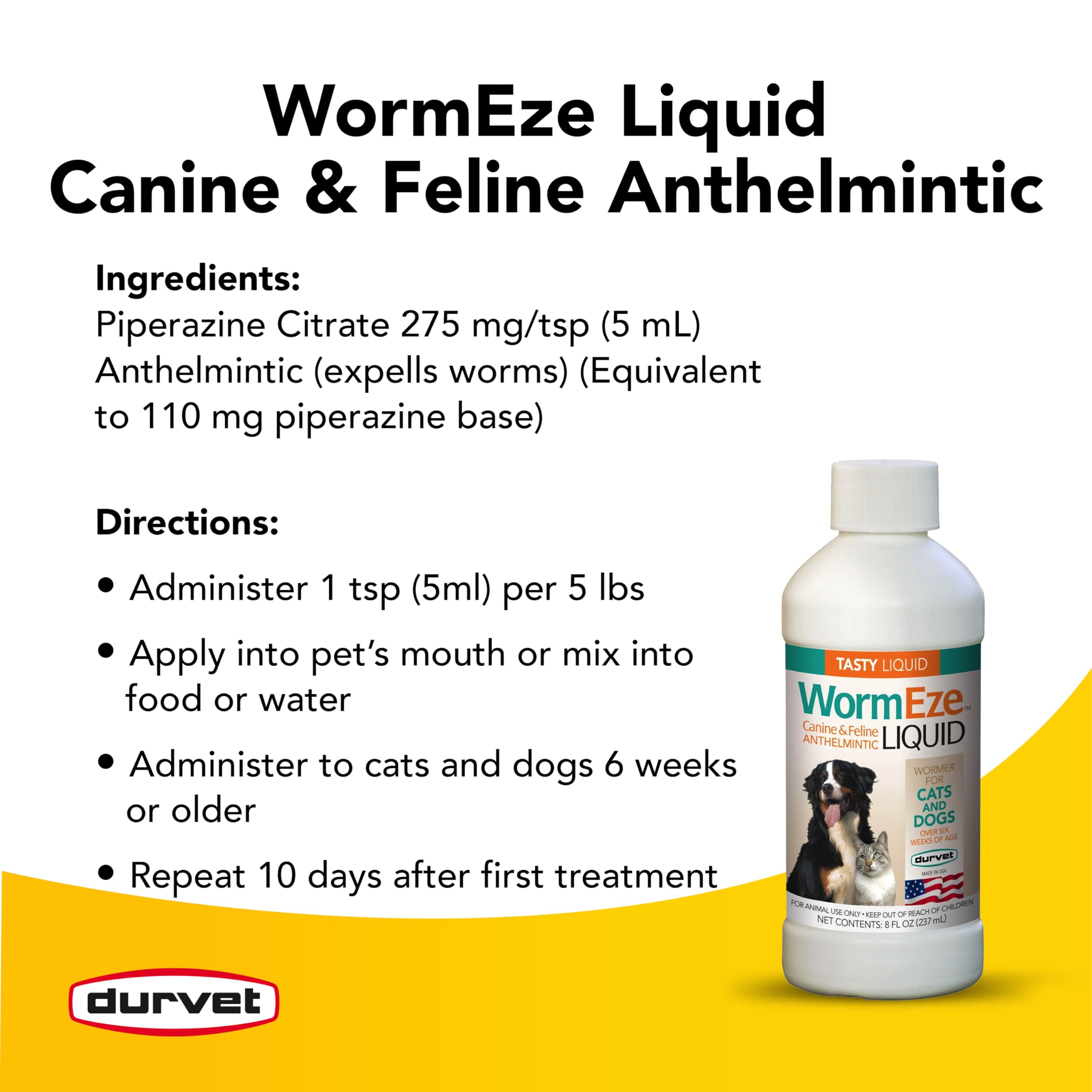 Durvet WormEze Liquid Antihelmintic for Canines & Felines, 8 oz, White, Model 001-0545