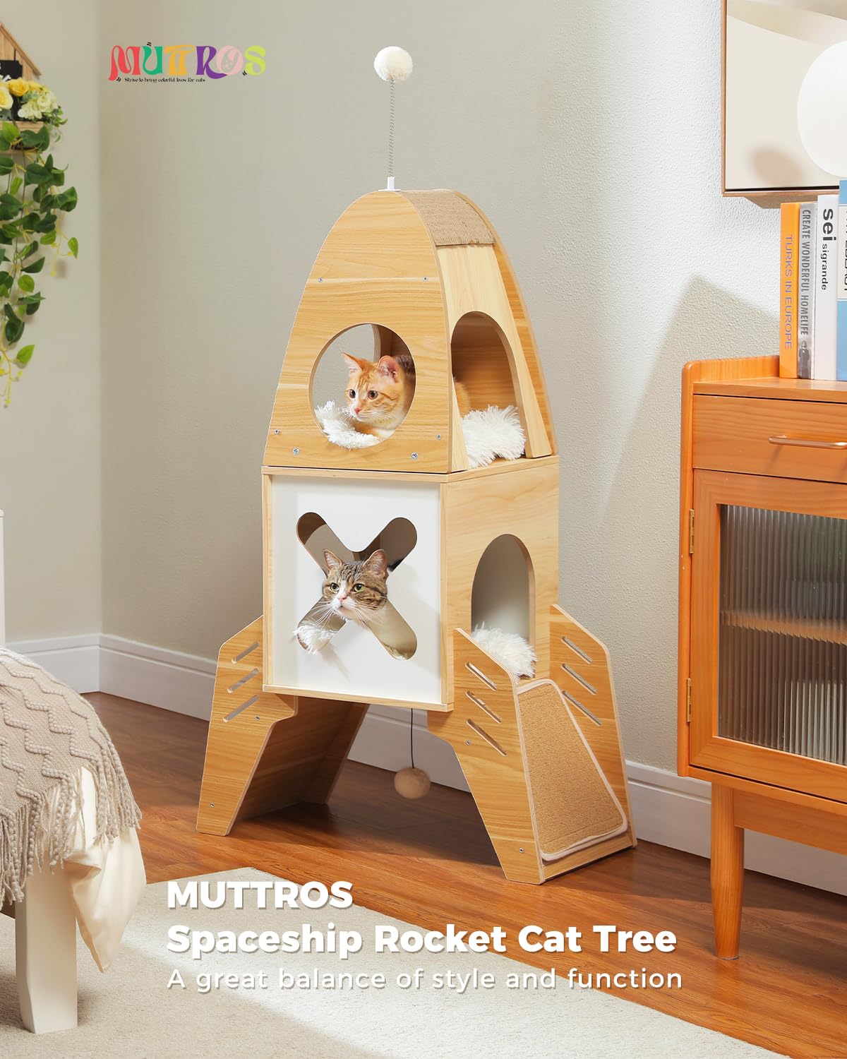 Muttros Modern Cat Tree Rocket Ship, Wood Cat Tower For Indoor Cats, 47' Multilevel Wooden Cat Furniture With 2 Condos, Danglin