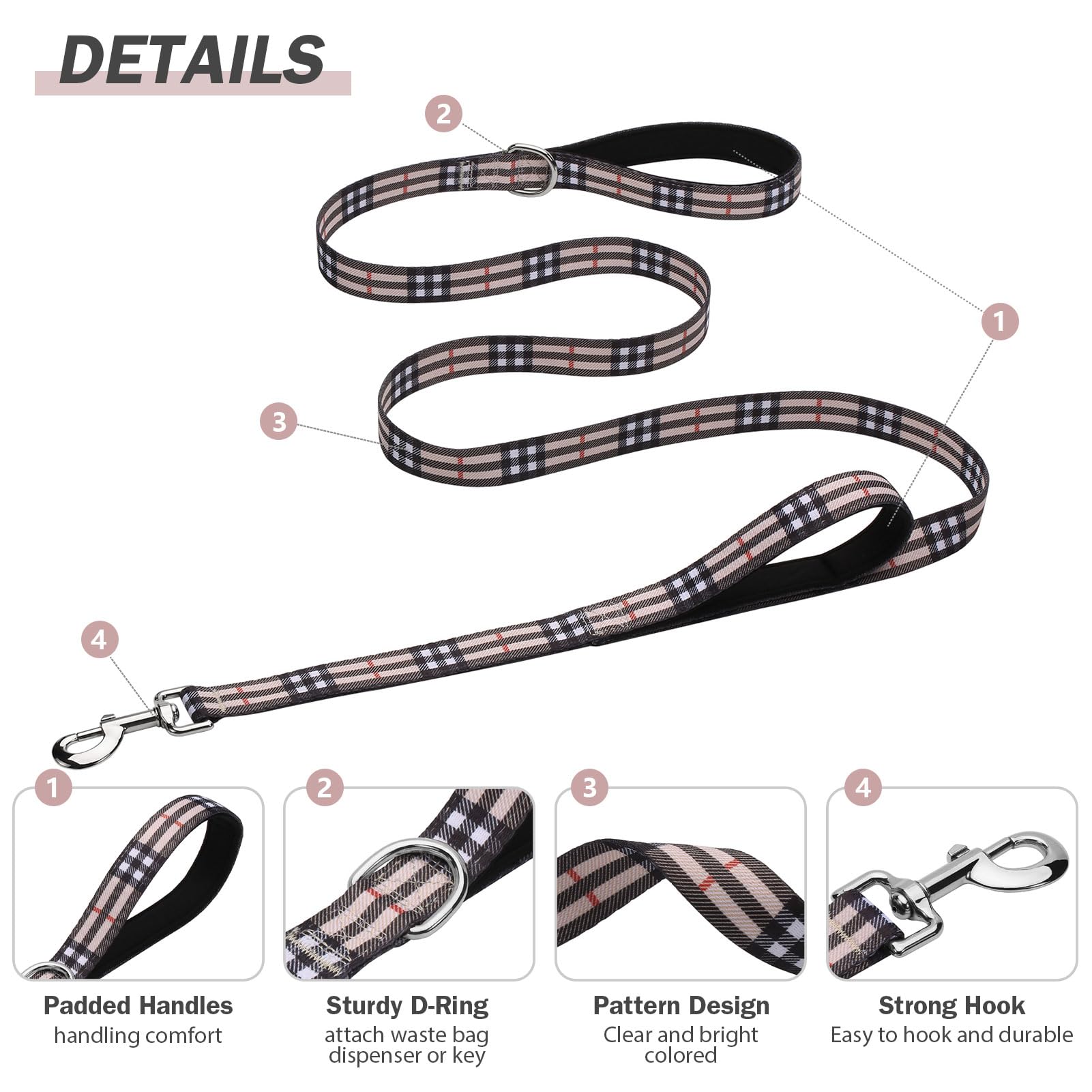 Hikiko Padded Two Handle Dog Leash 6 Ft For Medium Large Dogs, Strong Traffic Handles Lead For Walking Training (Beige Plaid)