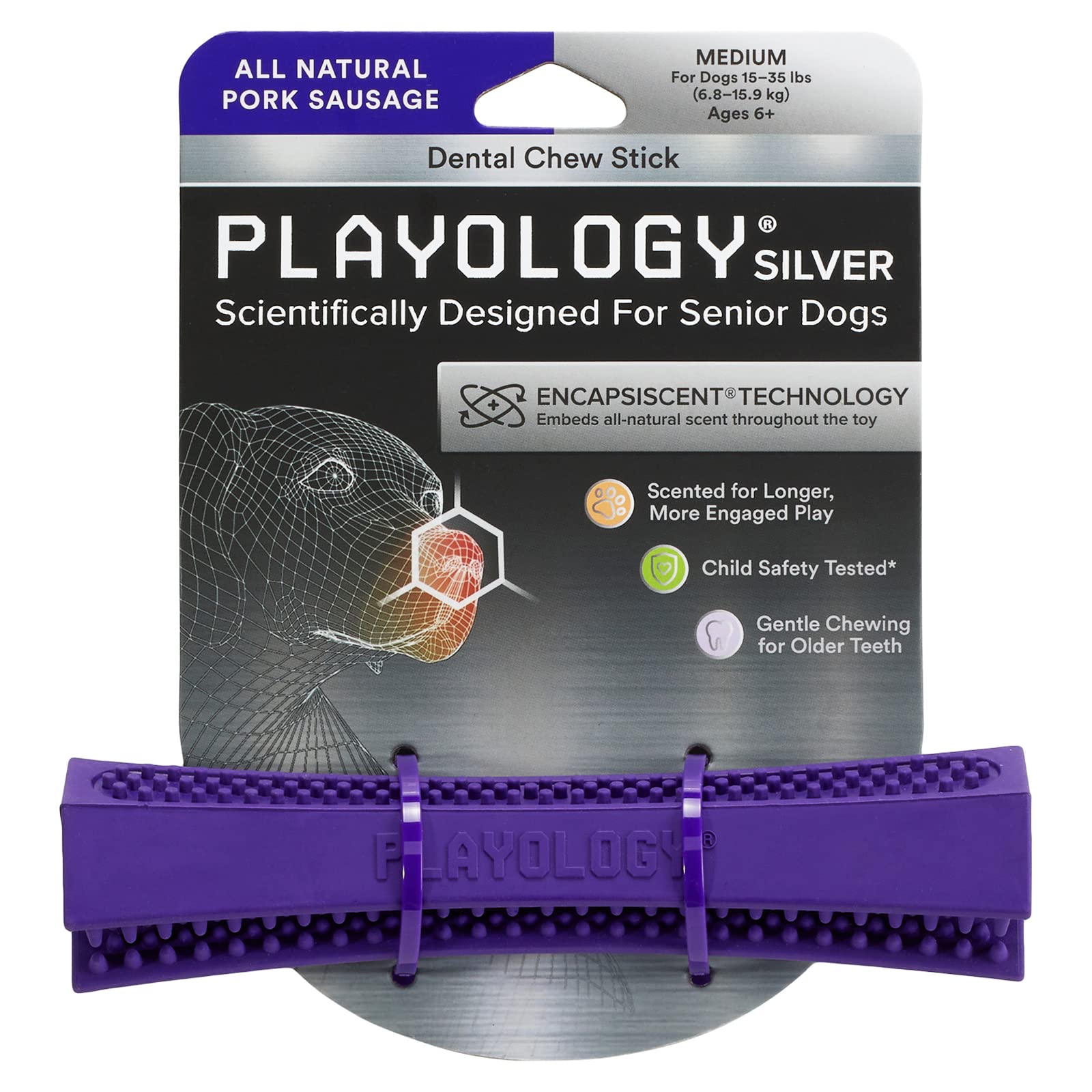 Playology Silver Dental Chew Stick Dog Toy, Medium - Designed for Senior Dogs (15-35lbs) - Engaging All-Natural Pork Sausage Sce