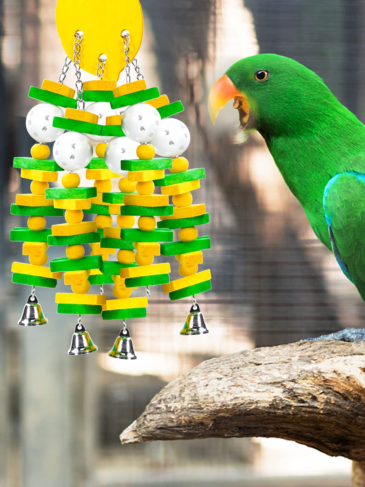 Mewtogo Parrot Toys, Safe Healthy Parrots Cage Chewing Toy With Colorful Wood Blocks Crisp Bells For Macaws African Grey And Ama
