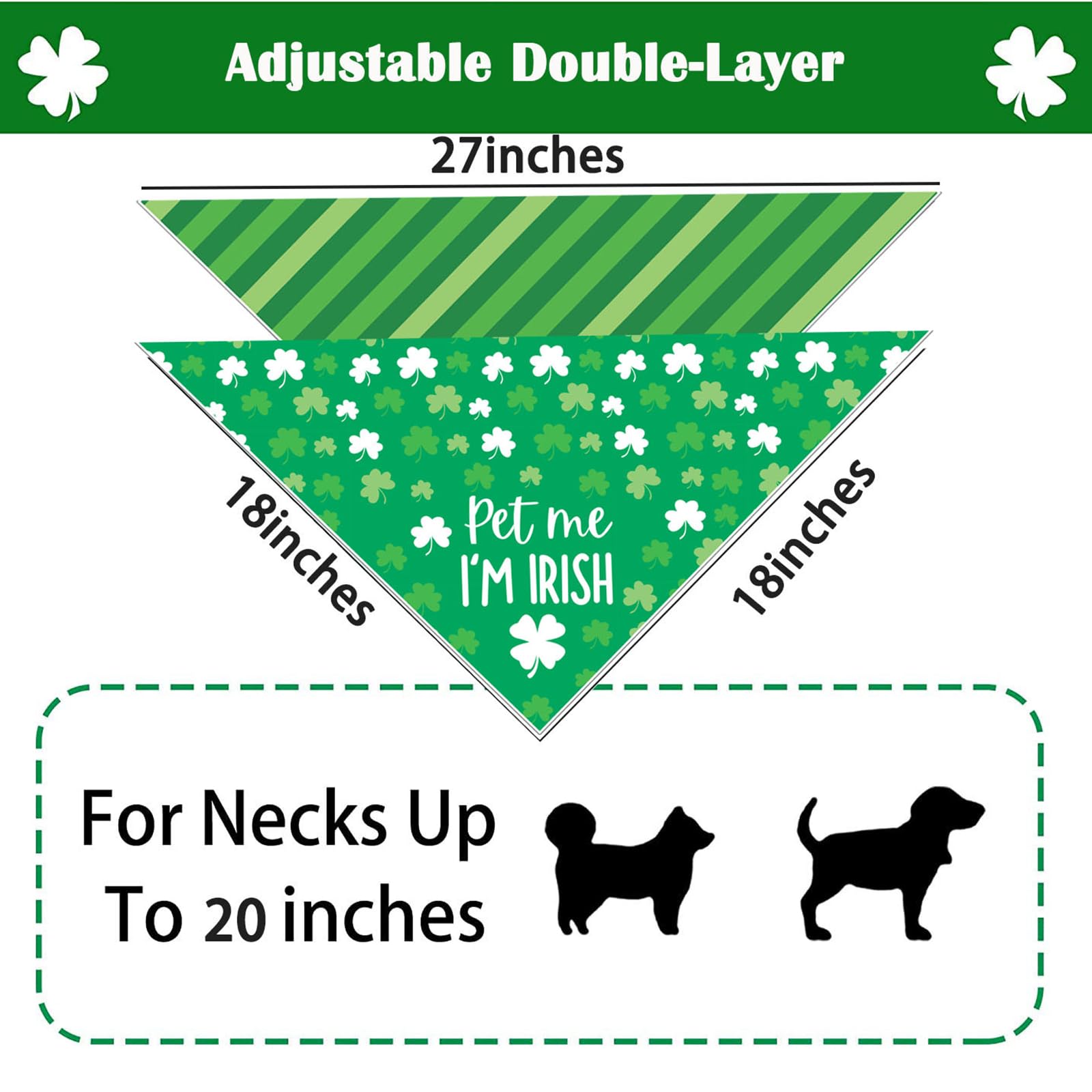 St Patrick'S Day Dog Bandanas - Lucky Shamrock Puppy Scarf - 2 Pcs Adjustable Triangle Double-Layer Reversible Pet Bandanas For