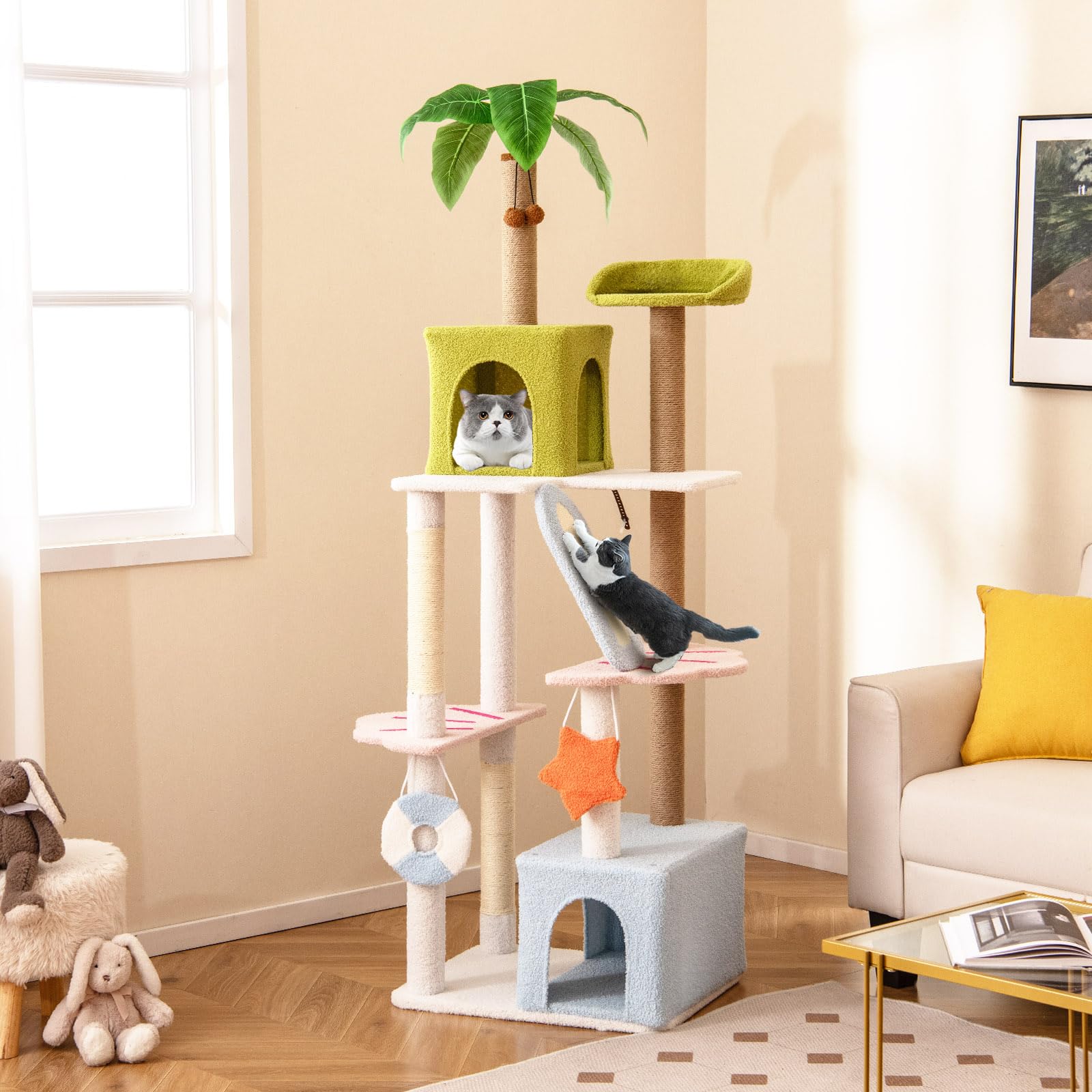 Tangkula 71 Inch Tall Cat Tree, Multi-Level Aesthetic Beach-Themed Cat Tower With Sisal & Jute Scratching Posts, 2 Cat Condos, P