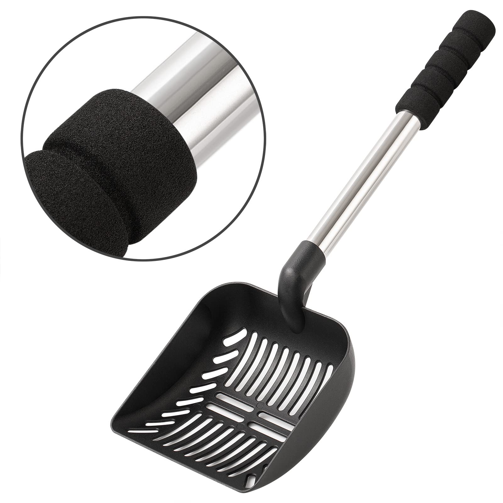 Yangbaga Metal Cat Litter Scoop With Deep Shovel&Long Handle,Detachable Stainless Steel Non-Stick Litter Sifter With Foam Padded Grip, No Bending Back Heavy Duty Cat Litter Scooper (Black Shovel)