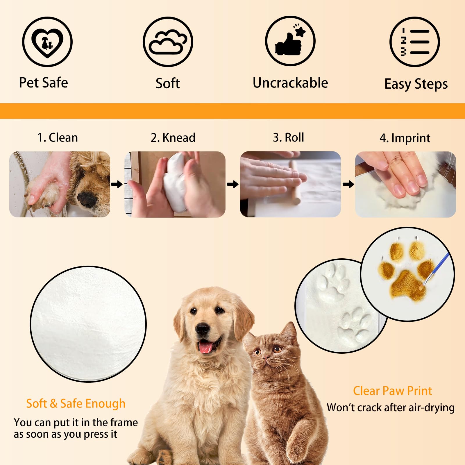 Dog Paw Print Kit, Pet Cat Paw Printing Impression Kit With Paint Dec, Soft Clay Footprint Kit Keepsake, Wooden Pawprint Ink Mem