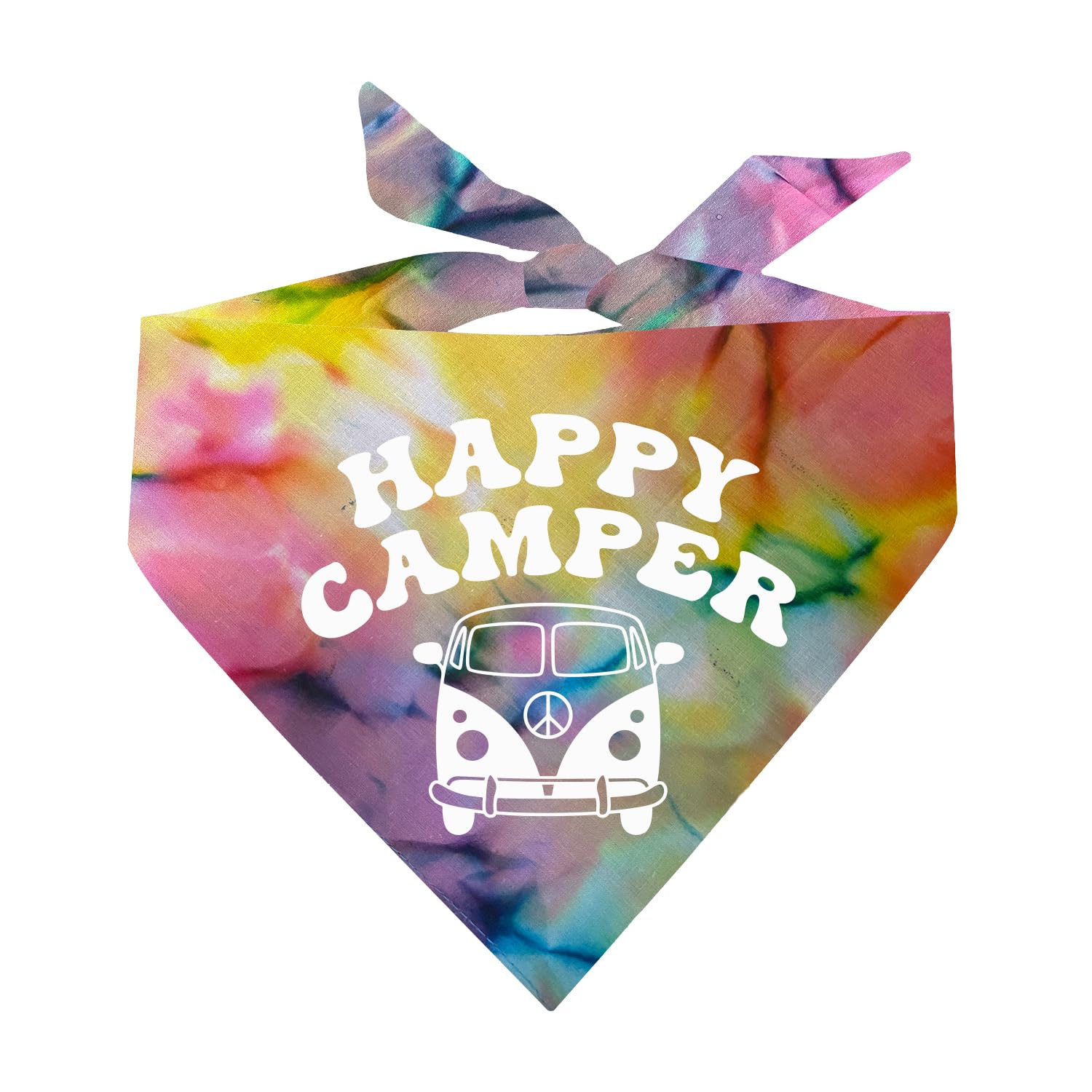 Happy Camper Dog Bandana | 100% Cotton | Made In Usa | Hiking | Camping | Outdoors | Nature | Tie Dye | One Size |Rainbow Scrunc