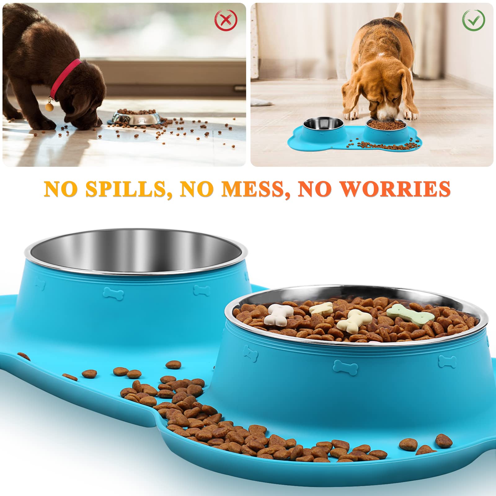 VIVAGLORY Dog Bowls, Dog Food Bowls, Stainless Steel Cat Puppy Water Bowls with Non Spill Skid Resistant Silicone Mat, X-Large,