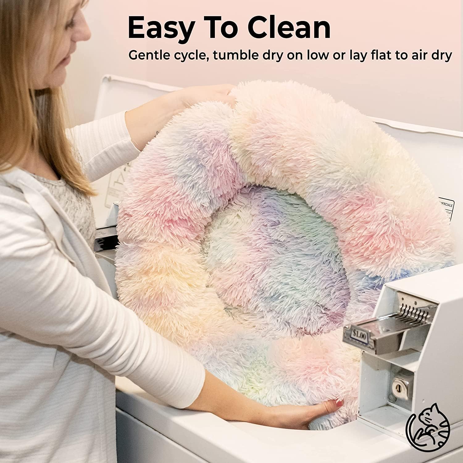 Cat Beds For Indoor Cats - Cat Bed Washable 20/24 Inches, Dog Beds For Small Medium Dogs, Anti Anxiety Round Fluffy Plush Faux Fur Cat Bed, Thick Bottom (Rainbow, Medium)