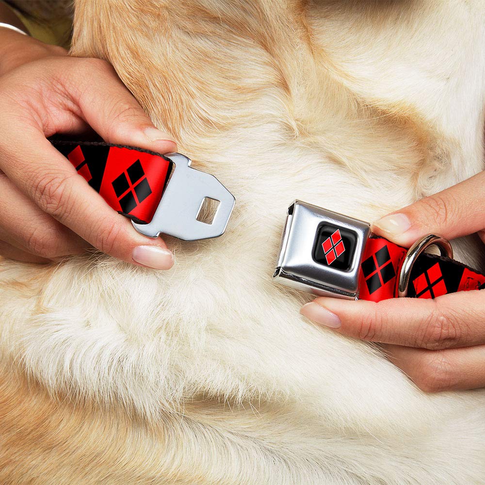 Buckle-Down Seatbelt Buckle Dog Collar - Harley Quinn Diamond Blocks Red/Black Black/Red - 1' Wide - Fits 15-26' Neck - Large