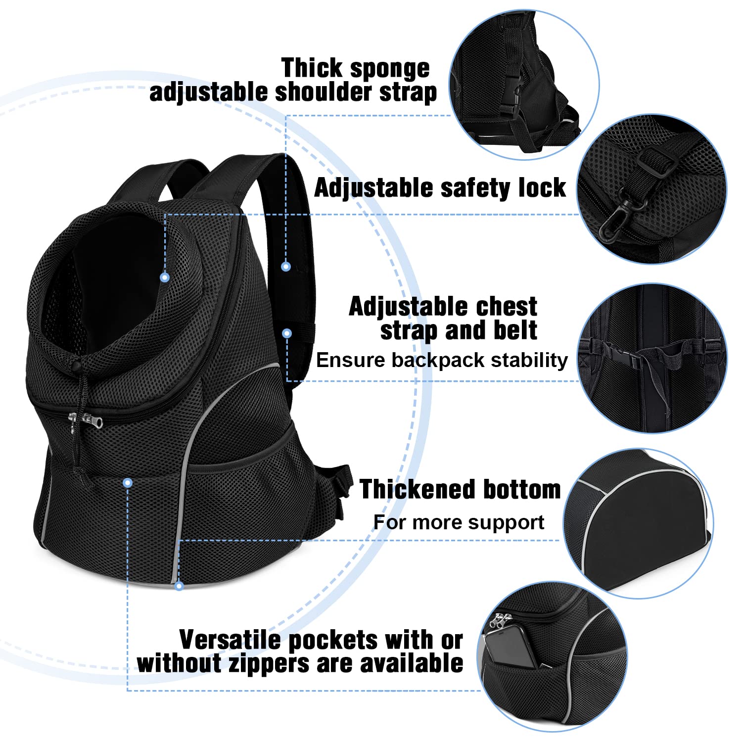 Woyyho Pet Dog Carrier Backpack Puppy Dog Travel Carrier Front Pack Breathable Head-Out Backpack Carrier For Small Dogs Cats Rabbits (L (Up To 14 Lbs), All Black)