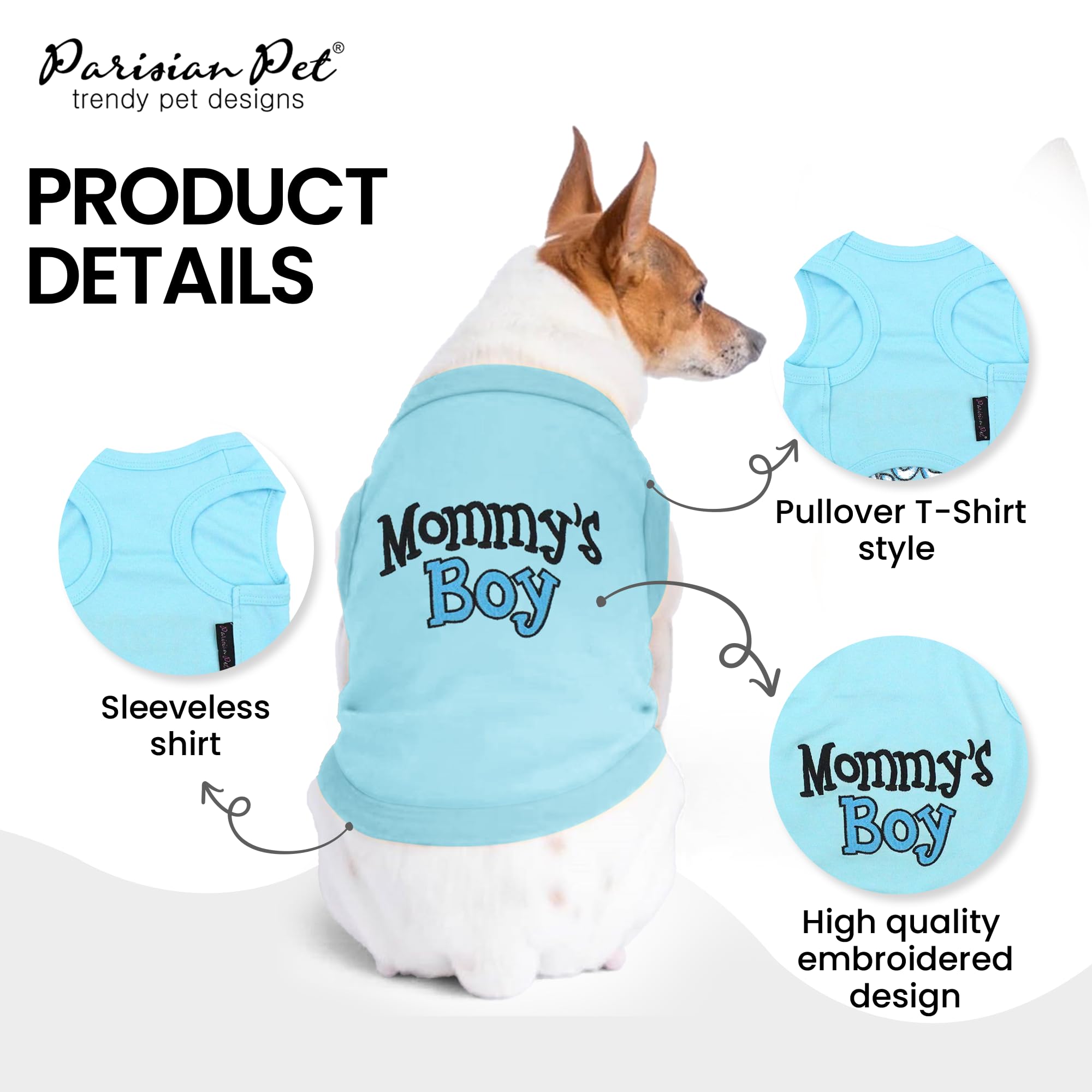Parisian Pet Dog T-Shirt With Embroidered 'Mommy’S Boy' Words - 100% Cotton Boy Dog Shirts - Breathable Mamas Boy Dog Shirt - Machine Washable Dog Clothes For Medium-Sized Dogs, M