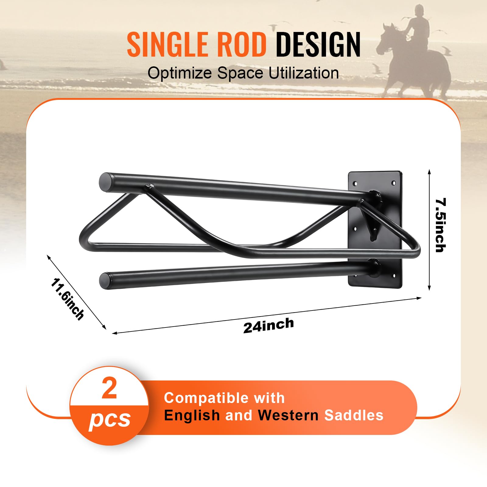 VEVOR Saddle Rack with Pad Bar, 23.8 x 12.6 x 10.2 in, 2 Packs Wall Mounted Saddle Stand, Heavy-Duty Steel Saddle Holder, Wester