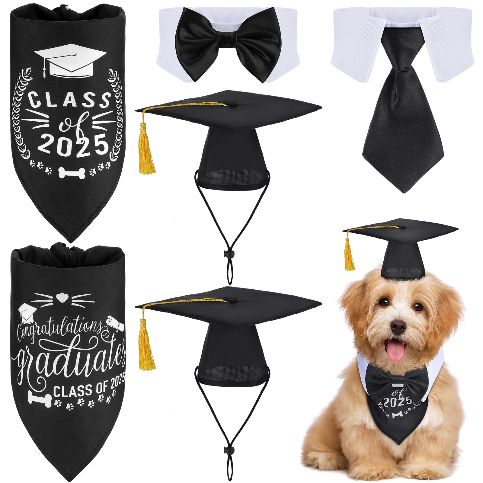 Weewooday 6 Pcs 2025 Pet Dog Graduation Cap Adjustable Pets Dog Cat Bow Tie Dog Graduation Bandana Caps With Yellow Tassel Forma