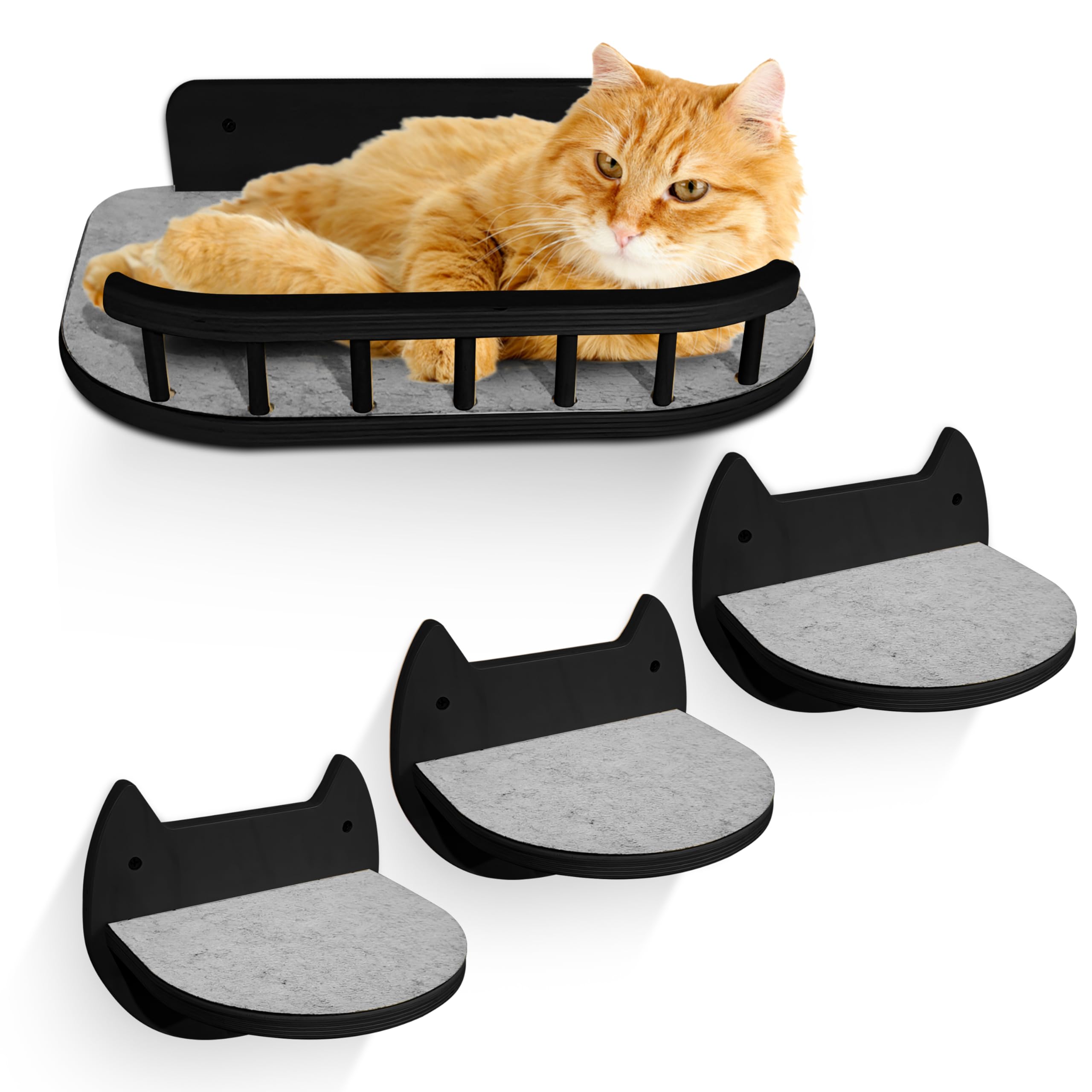 BUOGA Cat Wall Shelves with 3 Steps - Modern Mounted Cat Wall Furniture & Shelf, Premium Hardwood Bed for Climbing, Sleeping & L