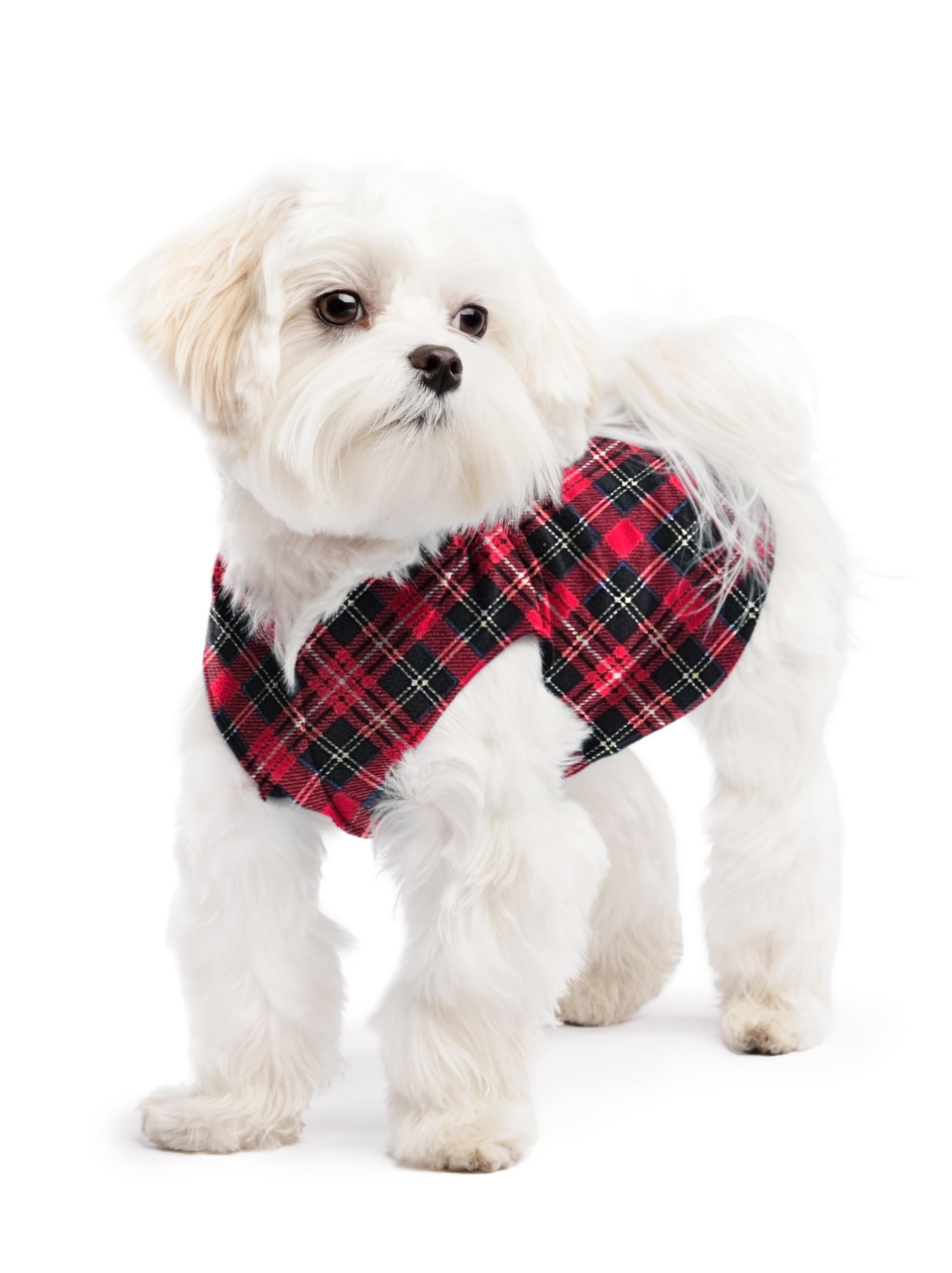 Gold Paw Stretch Fleece Dog Coat, Stretchy Pet Sweater, Machine Washable Pullover For Winter And Fall, Red Classic Plaid, 8