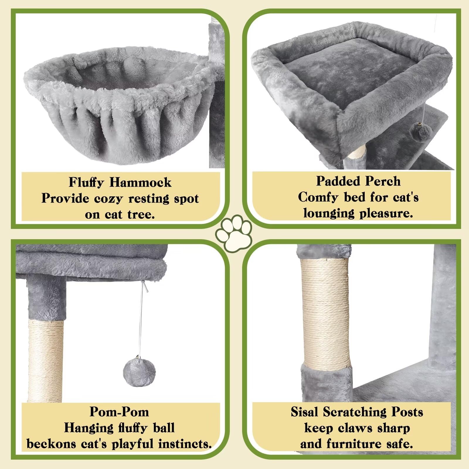 Pempet 57'' Cat Tree Tower For Indoor Cats, Multi-Level Cat Tower Condo With Sisal Scratching Post (Light Gray)