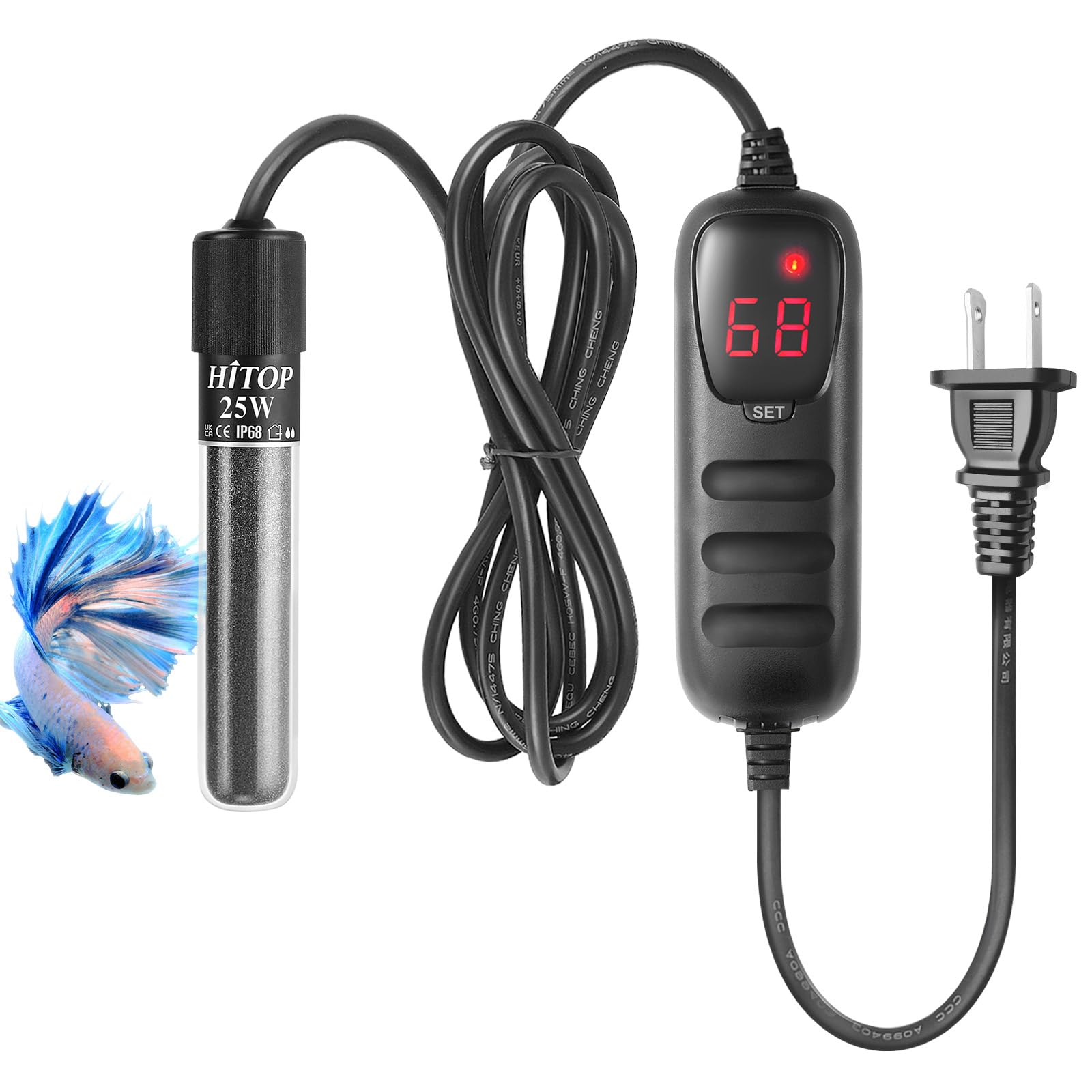 Hitop Mini Submersible Aquarium Heater - 25W 50W 100W 200W 300W Small Heater For Fish Tank 1-70 Gallon With Controller (25W)