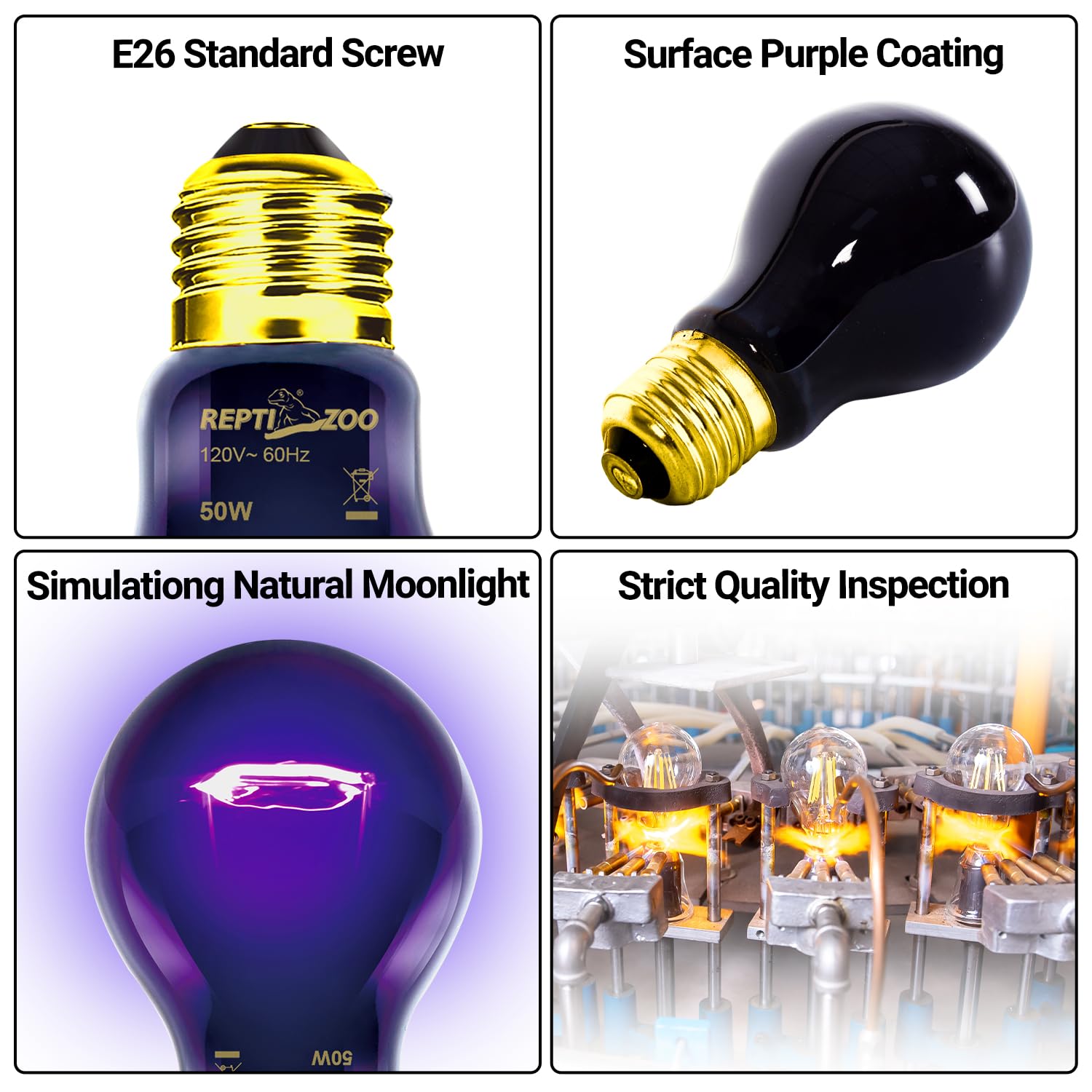 REPTI ZOO 150W Reptile Heat Lamp - Purple Infrared Moonlight Bulb, Model MHL150D, Simulates Natural Night Heat for Reptiles and Amphibians
