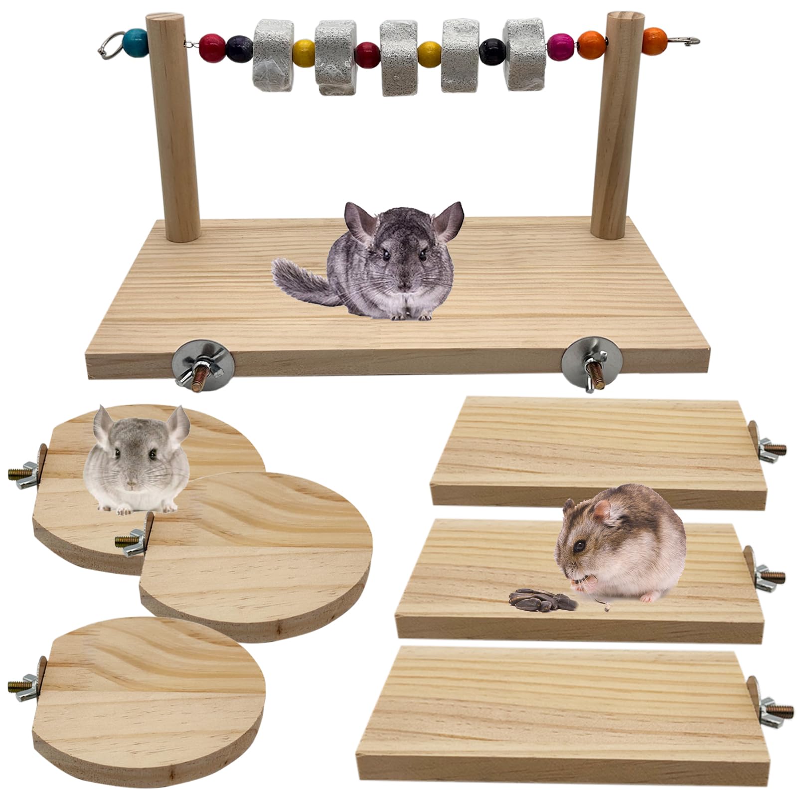 Niwaes 7 Pcs Chinchilla Ledges Wood Sets, Hamster Wooden Stand Platform With Lava Ledge Blocks Chew Toys Small Animal Cage Acces