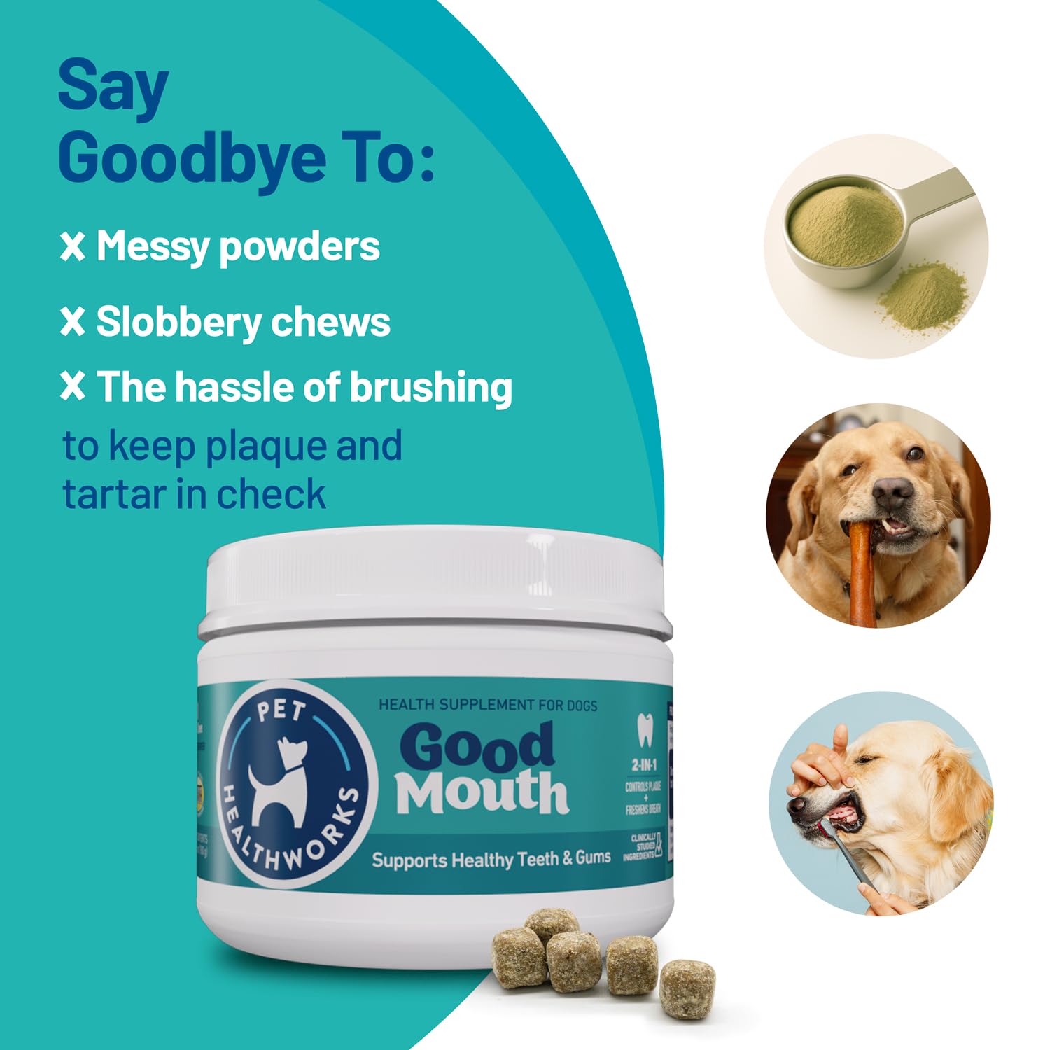 Pet HealthWorks Good Mouth Dental Chews for Dogs - Controls Plaque & Tartar, Fresh Breath, Cheeseburger Flavor, 60 Soft Chews