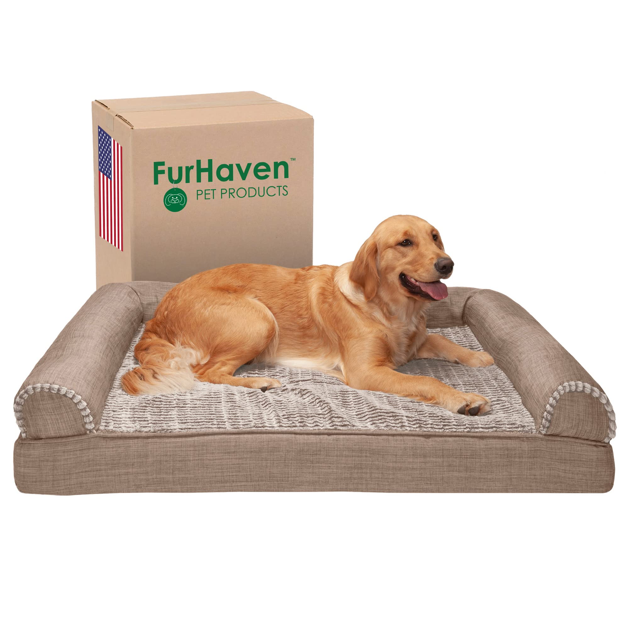 Furhaven Cooling Gel Dog Bed for Large Dogs w/ Removable Bolsters & Washable Cover, For Dogs Up to 95 lbs - Luxe Faux Fur & Perf
