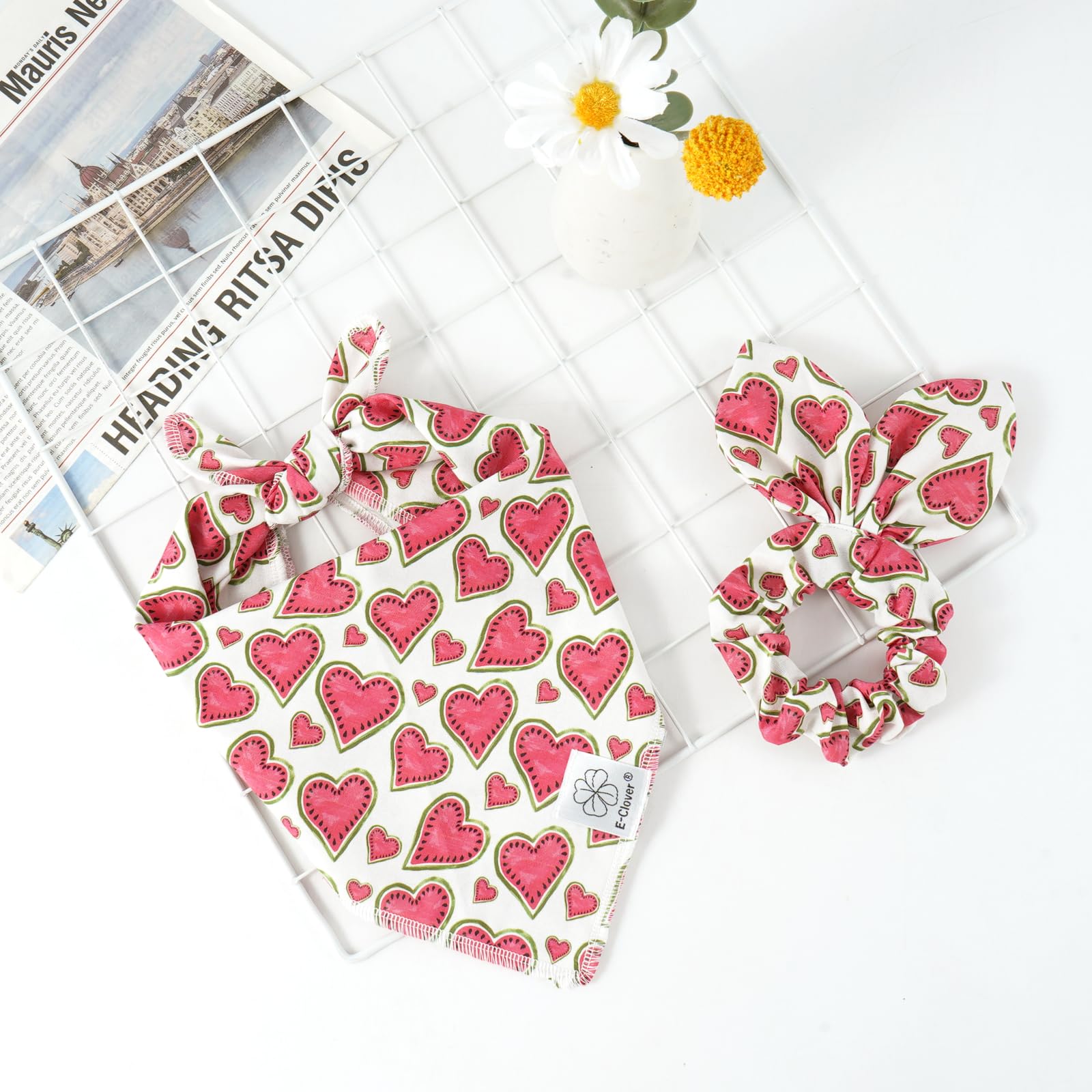 E-Clover Pink Watermelon Dog Bandanas & Matching Scrunchie Set Cute Heart Dog Scarf Bibs Pet Bandana With Bow Tie For Small Dogs