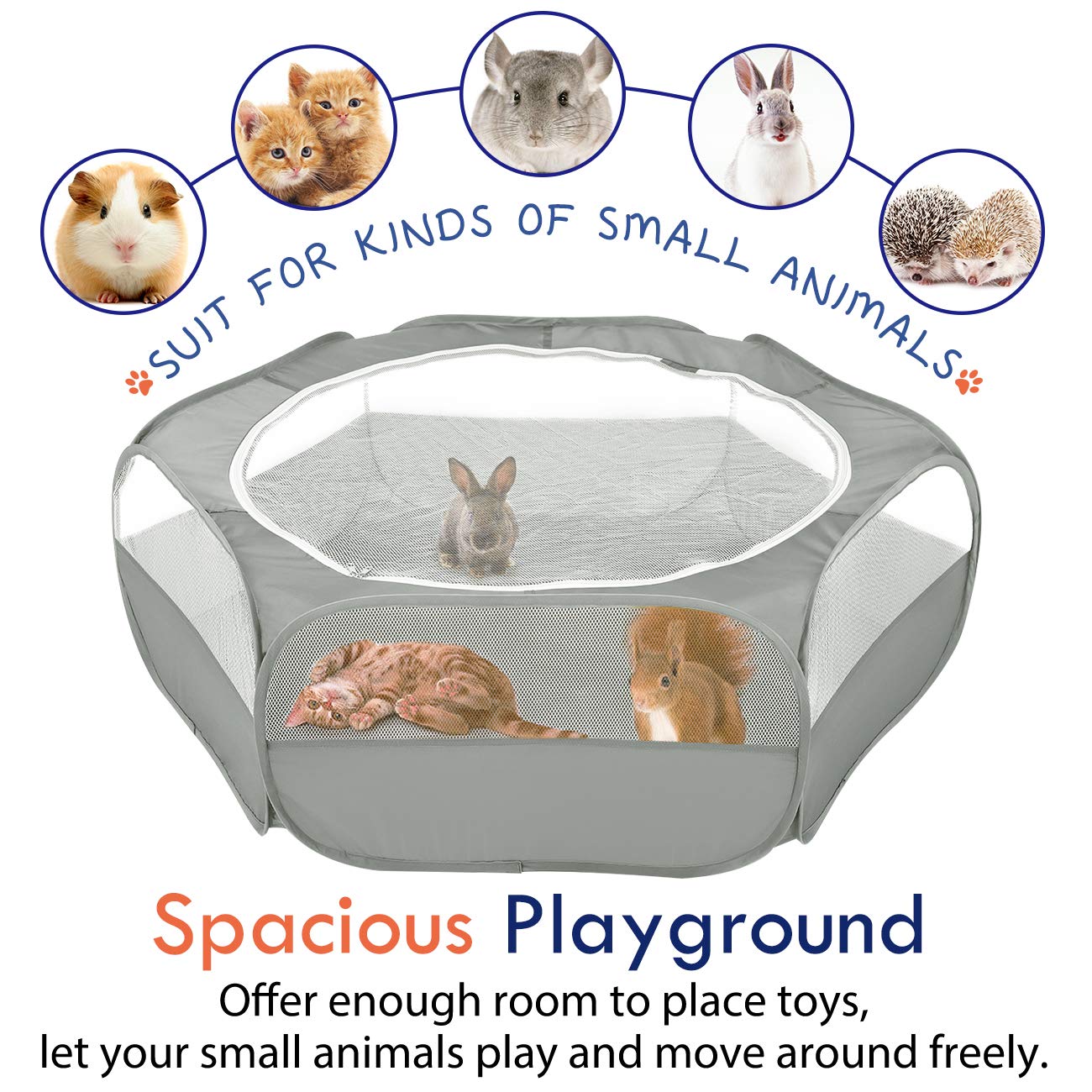 Pawaboo Small Animals Playpen, Breathable & Waterproof Small Pet Cage Tent With Zippered Cover, Portable Outdoor Yard Fence For Kitten/Puppy/Guinea Pig/Rabbits/Hamster/Chinchillas, Light Gray