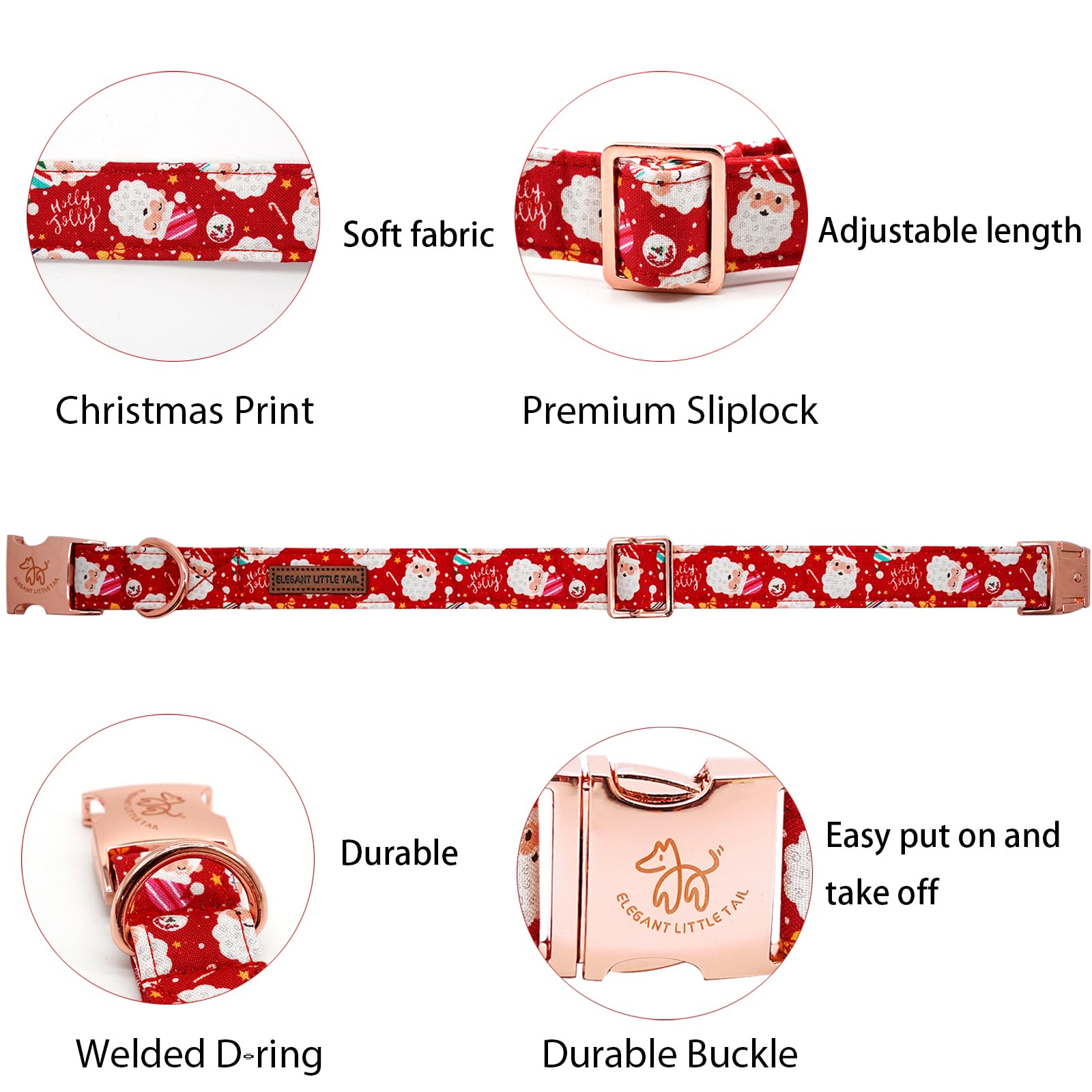 Elegant Little Tail Christmas Dog Collar, Red Santa Claus Print Pet Collar Dog Durable Cute Dog Collars Winter Holiday Male Or F