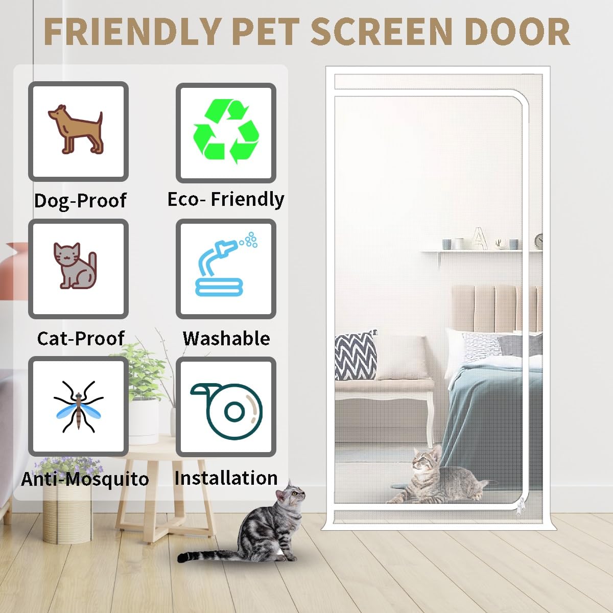 Cat Screen Door 35.5x82.5 Reinforced Cat Resistant Mesh Creen Door Zipper Pets Proof Screen Door Prevent Pet Escape Door Curta