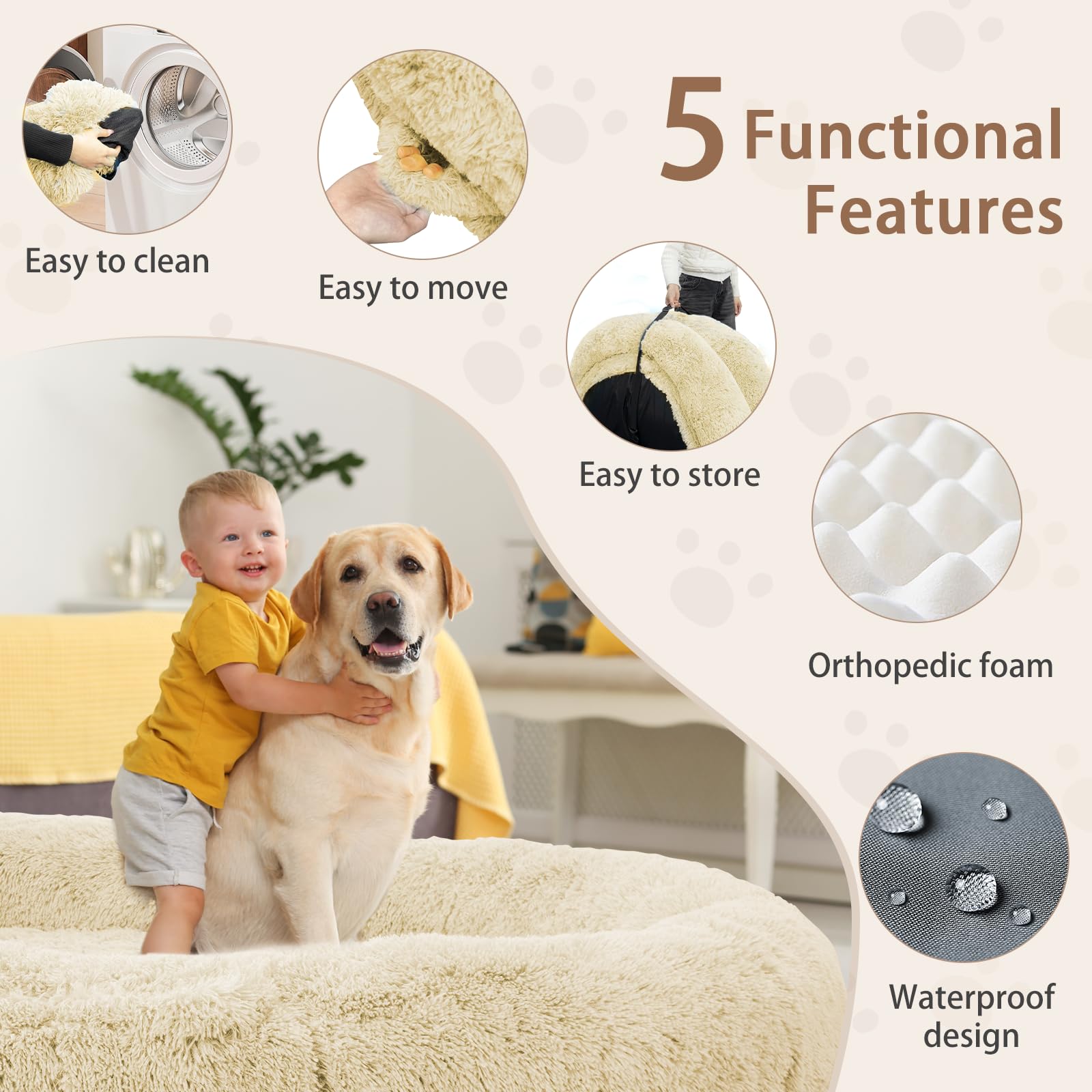ROOMTEC Human-Sized Dog Bed, Memory Foam, Waterproof, 71"x45"x12", Beige Faux Fur, Removable Cover, Large Dogs