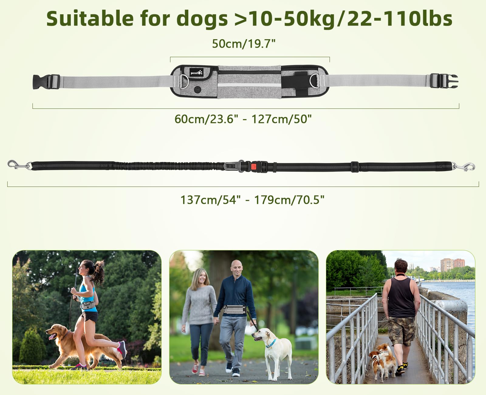Pecute Hands Free Dog Leash With Pouch, Waist Belt Fanny Pack With Soft Padds, Dual Padded Handles And Durable Bungee For Walking, Hiking, Jogging Biking, And Running (Up To 220Lbs)