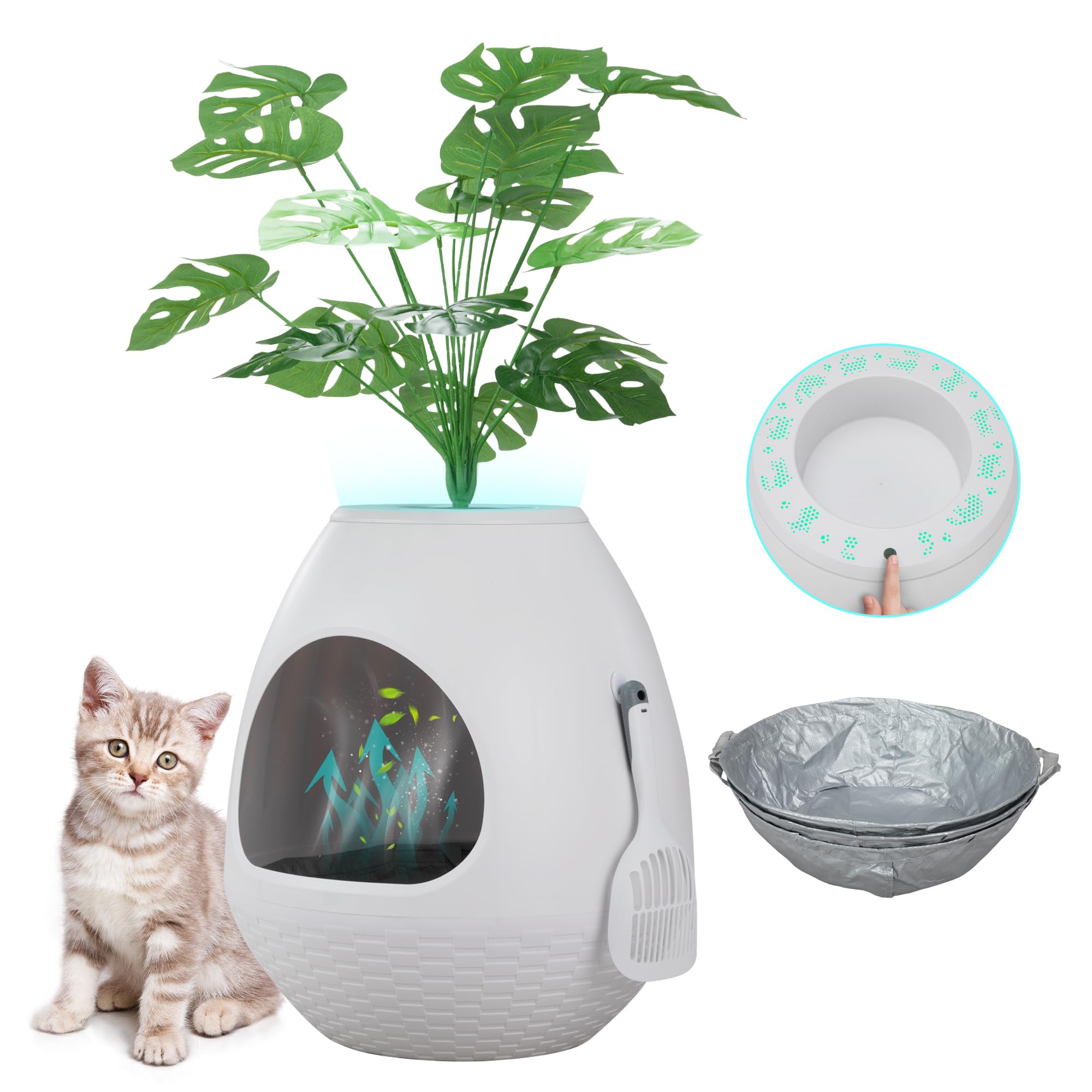 Eggloa6 Extra Large Hidden Litter Box With Plant D  Cor - Premium Litter Box Furniture With Smart Odor Removal System, Led Light