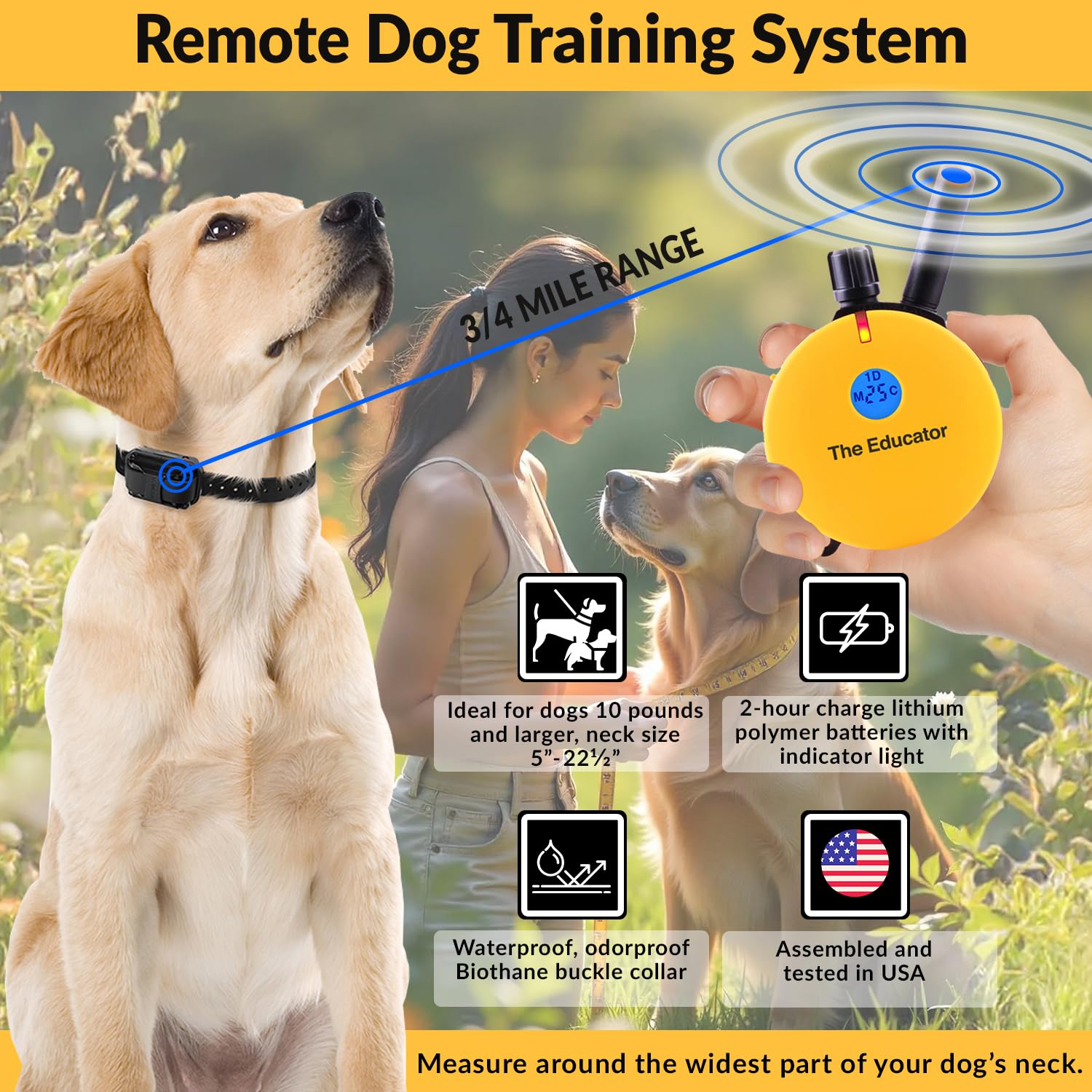 Educator E-Collar Humane Dog Training Collar With Remote, Features 100 Levels Of Safe Stimulation, Tapping Sensation, Night Light, Waterproof, Rechargeable, 3/4 Mile 1 Dog, Yellow