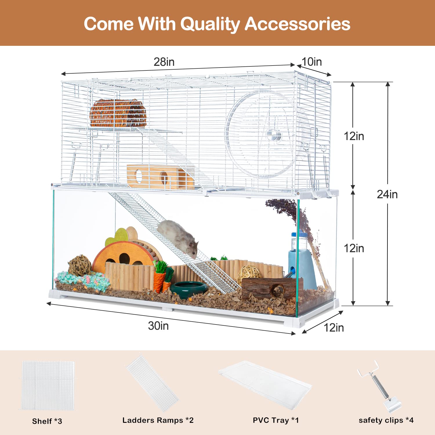 Oiibo 3 Tiers Large Hamster Cages, Glass Hamster Cage Habitat With Openable Wire Topper, Gerbil Cage With Two Ladders Ramps And