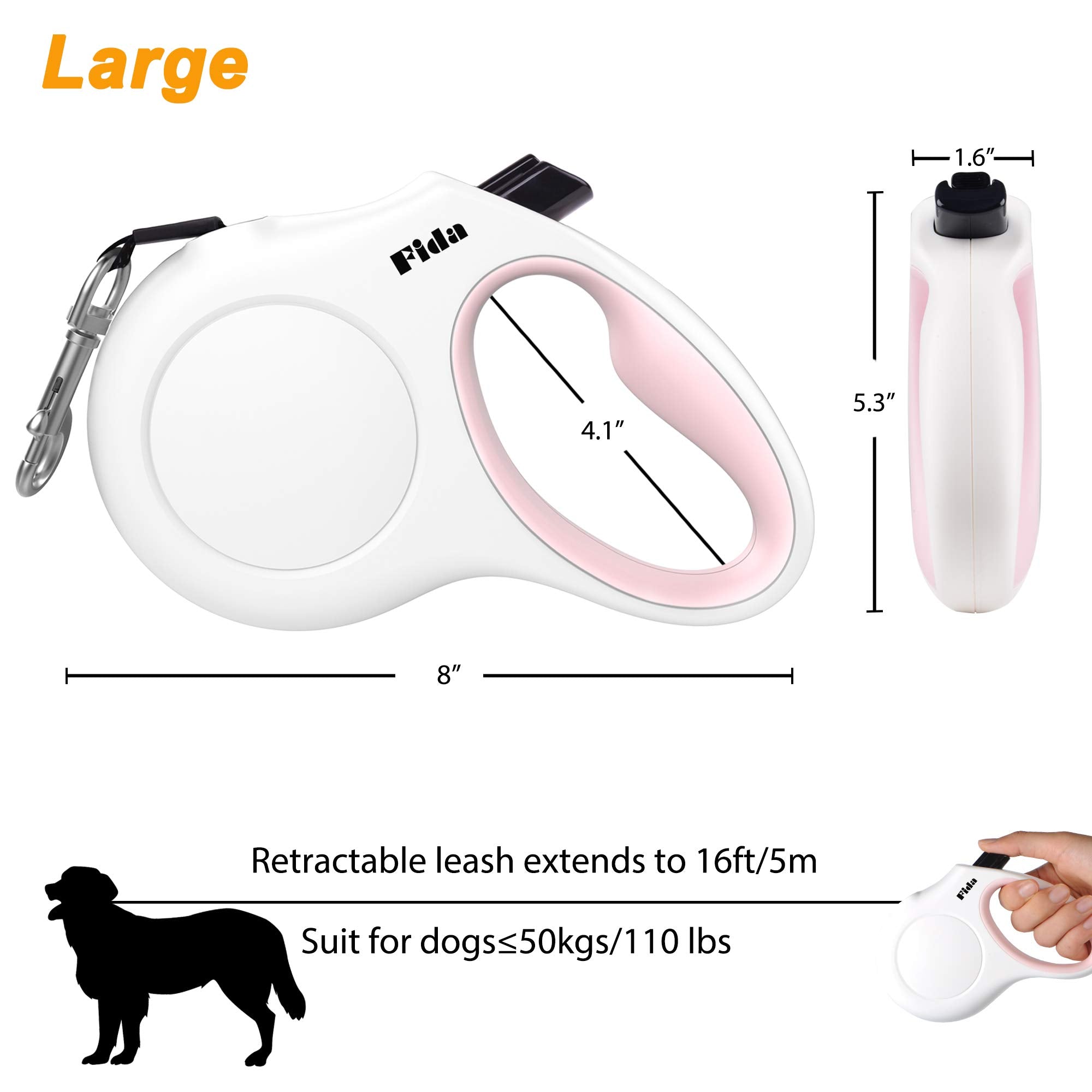 Fida Retractable Dog Leash With Dispenser And Poop Bags, 16 Ft Pet Walking Leash For Large Dog Up To 110 Lbs, Anti-Slip Handle, Tangle Free, Reflective Nylon Tape (L, White)