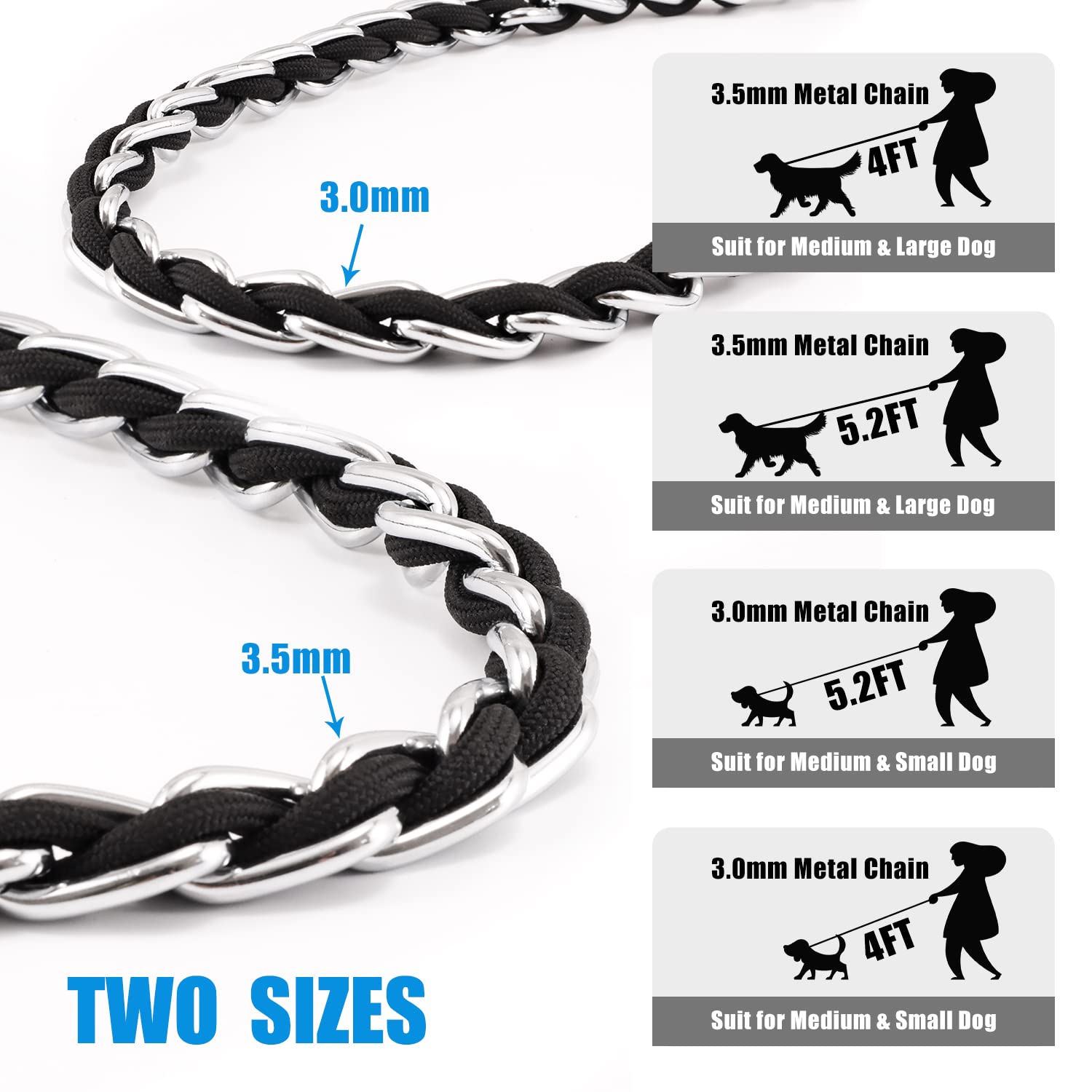 Chew Proof Metal Leash Chain Dog Leash For Medium Large Dogs, Chain Link Dog Leash Anti Chew 4Ft Strong Anti Bite Dog Leash Comfortable Soft Padded Handle Black