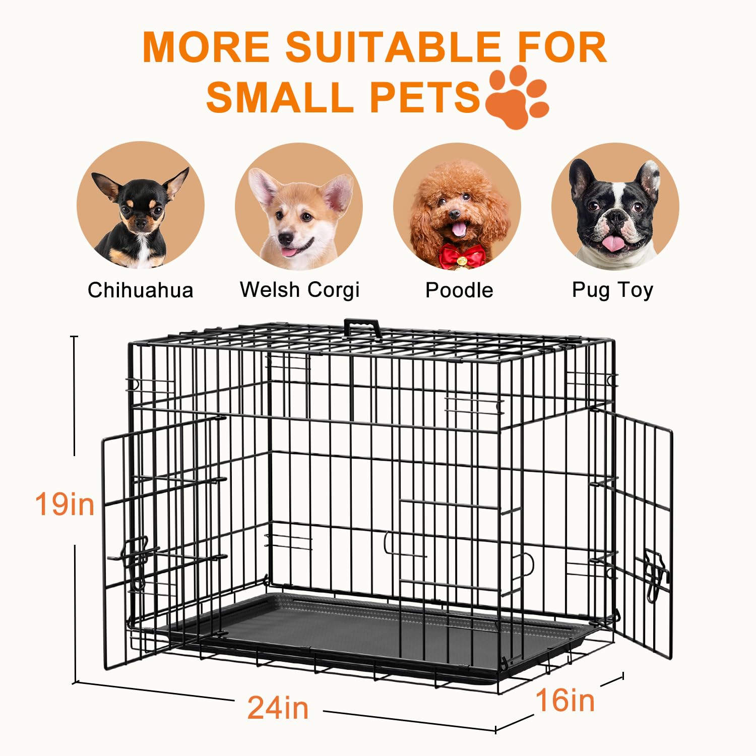 FDW 24inch Dog Crate Pet Cage with Metal Folding Design Plastic Tray Indoor Outdoor Dog Kennel Cage for Small Dogs,Black