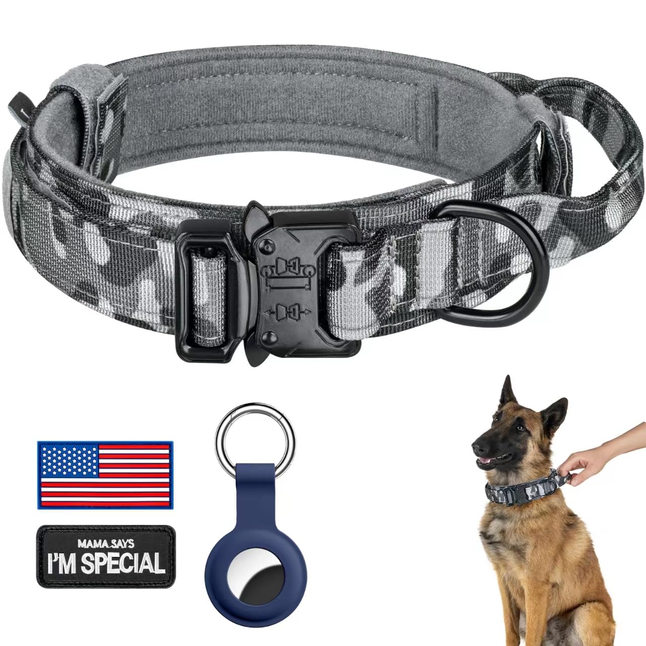 Daganxi Tactical Dog Collar, Adjustable Military Training Nylon Dog Collar With Control Handle And Heavy Metal Buckle For Medium And Large Dogs, With Patches And Airtags Case (S, Camo)