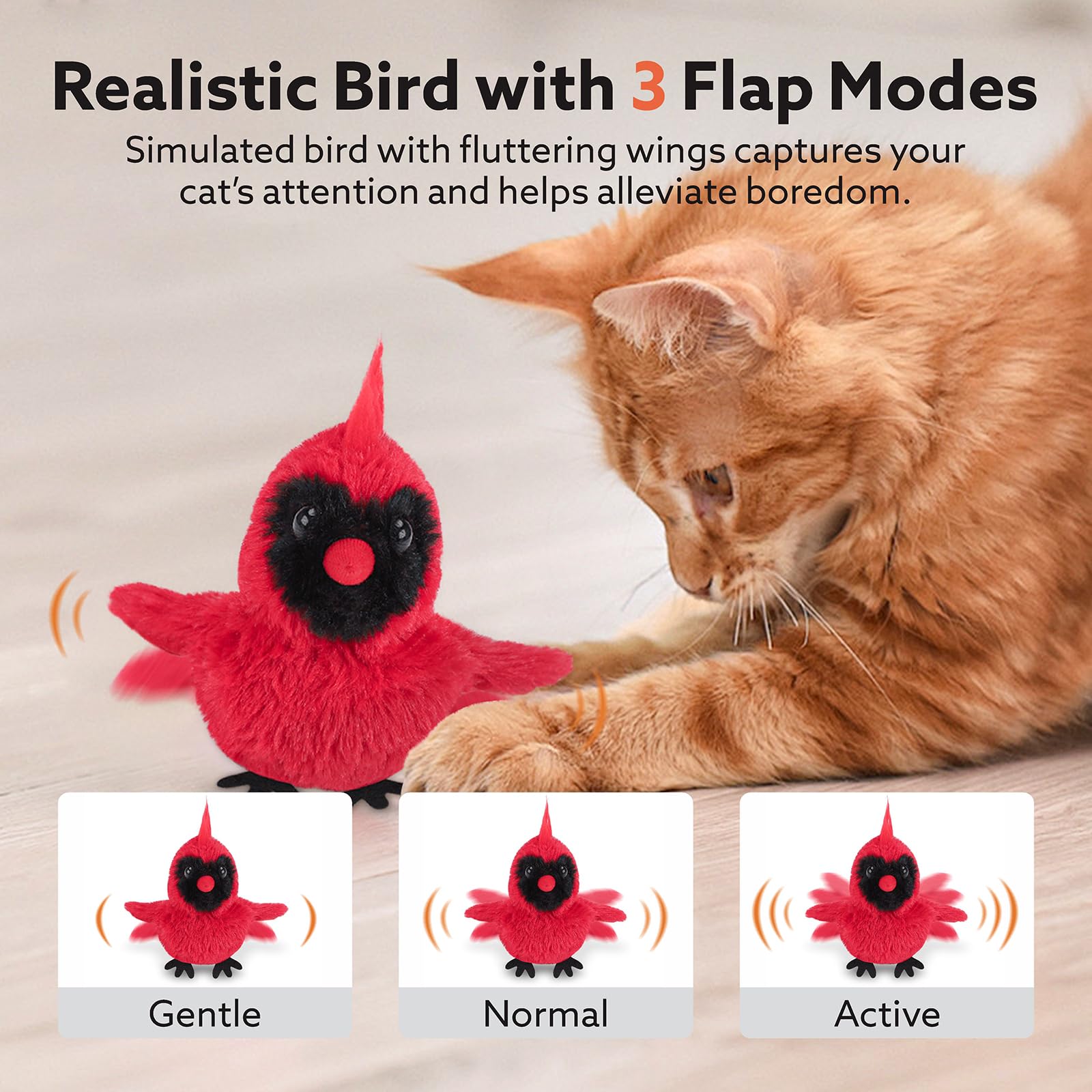 Aiperro Flapping Cardinal Cat Toys, Interactive Cat Exercise Toy With Lifelike Bird Chirp, Usb Rechargeable Automatic Cat Kicker