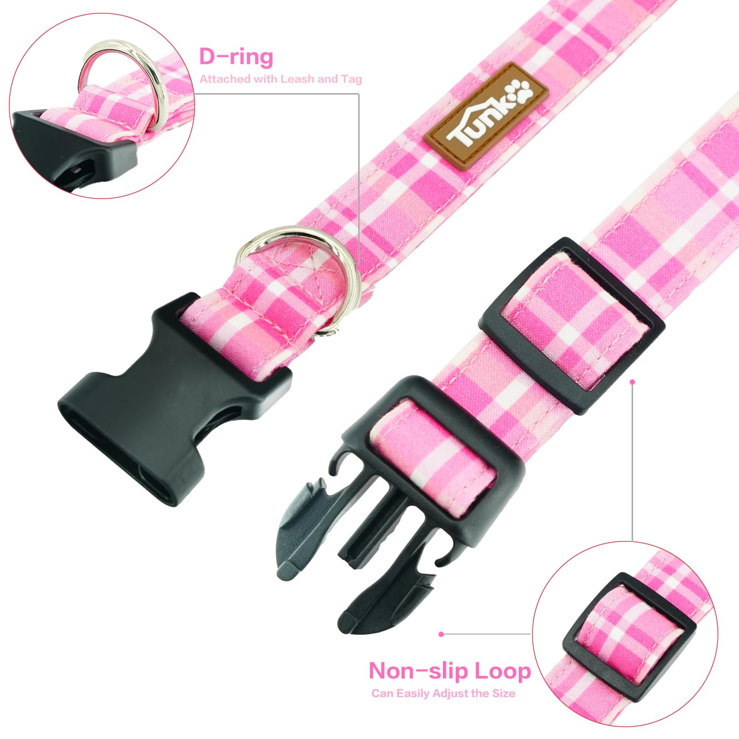 Tunkoo Pink Plaid Dog Collar, Cute Adjustable Premium Cotton Collar Durable Plastic Buckle For Small Medium Large Boys Girls Dog
