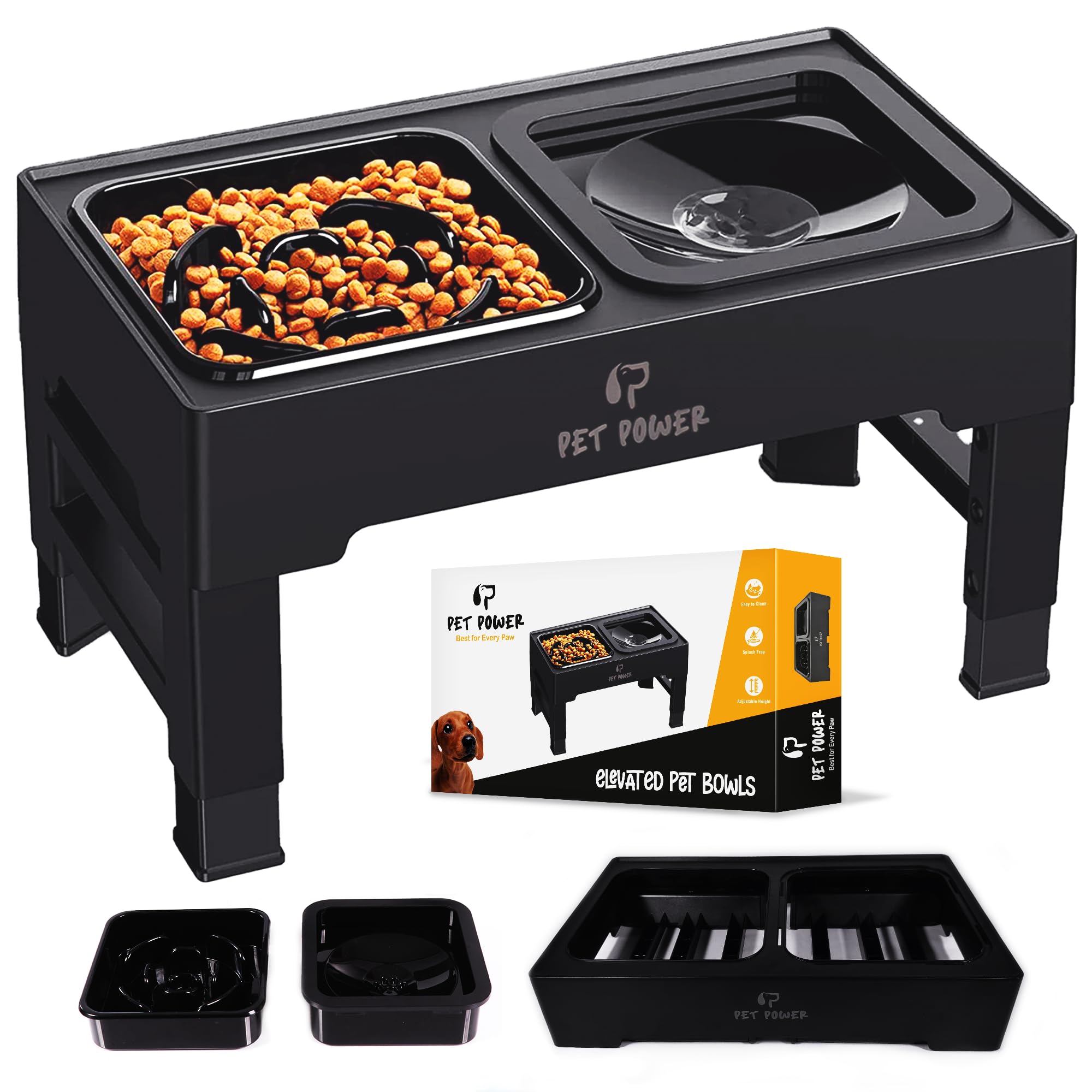 PET POWER Dog Bowls Elevated, 4 Adjustable Height Raised Dog Bowl with No-Spill Water Bowl & Slow Feeder, Non-Slip Food & Water 