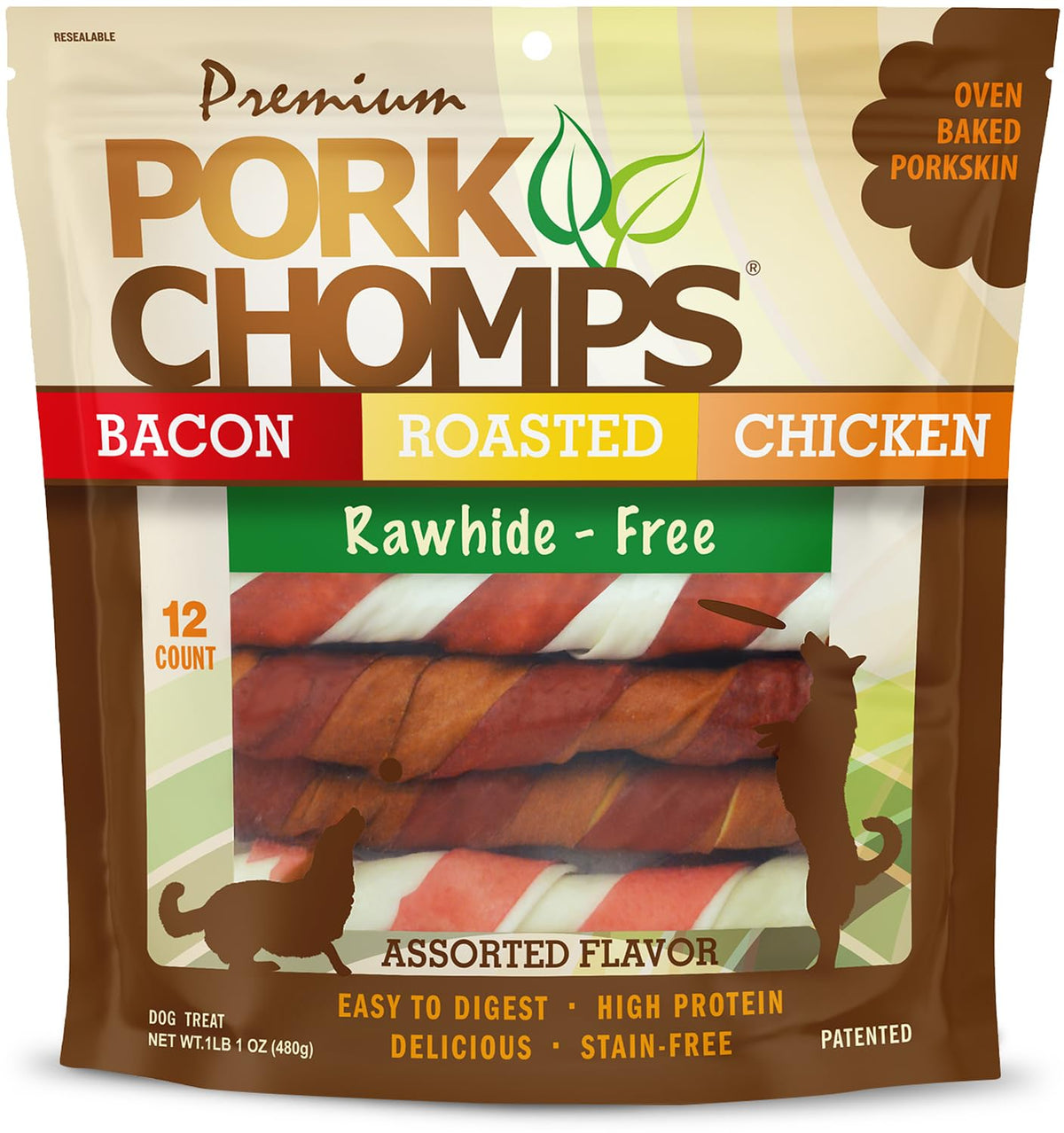 Pork Chomps Baked Pork Skin Dog Chews, 6-Inch Twists, Assorted Flavors, 12 Count